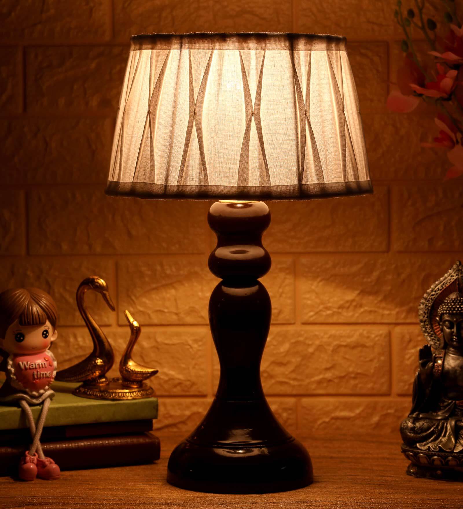 Dorian White Fabric Shade Night Lamp With Wood Base
