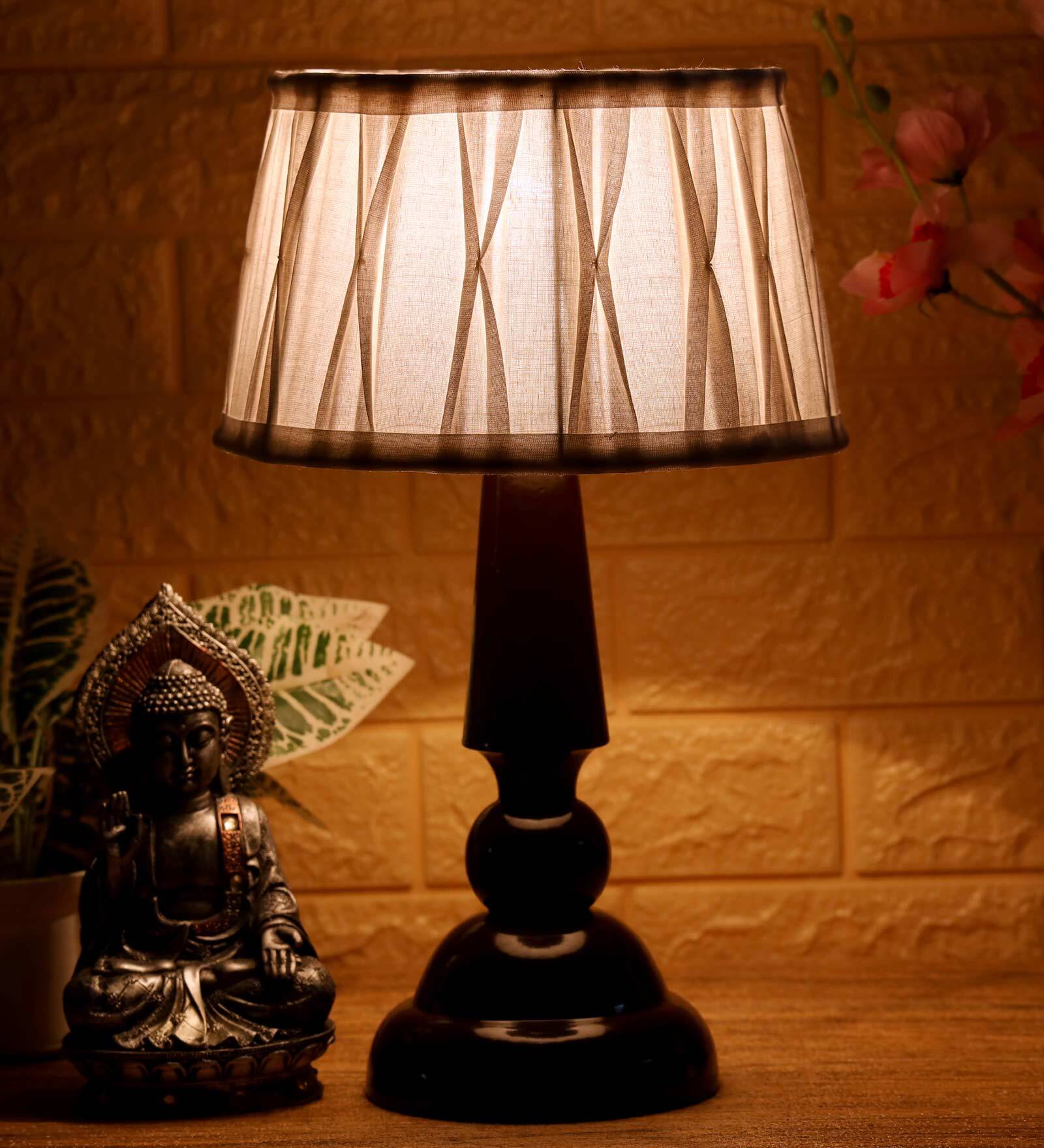 Metz White Fabric Shade Night Lamp With Wood Base
