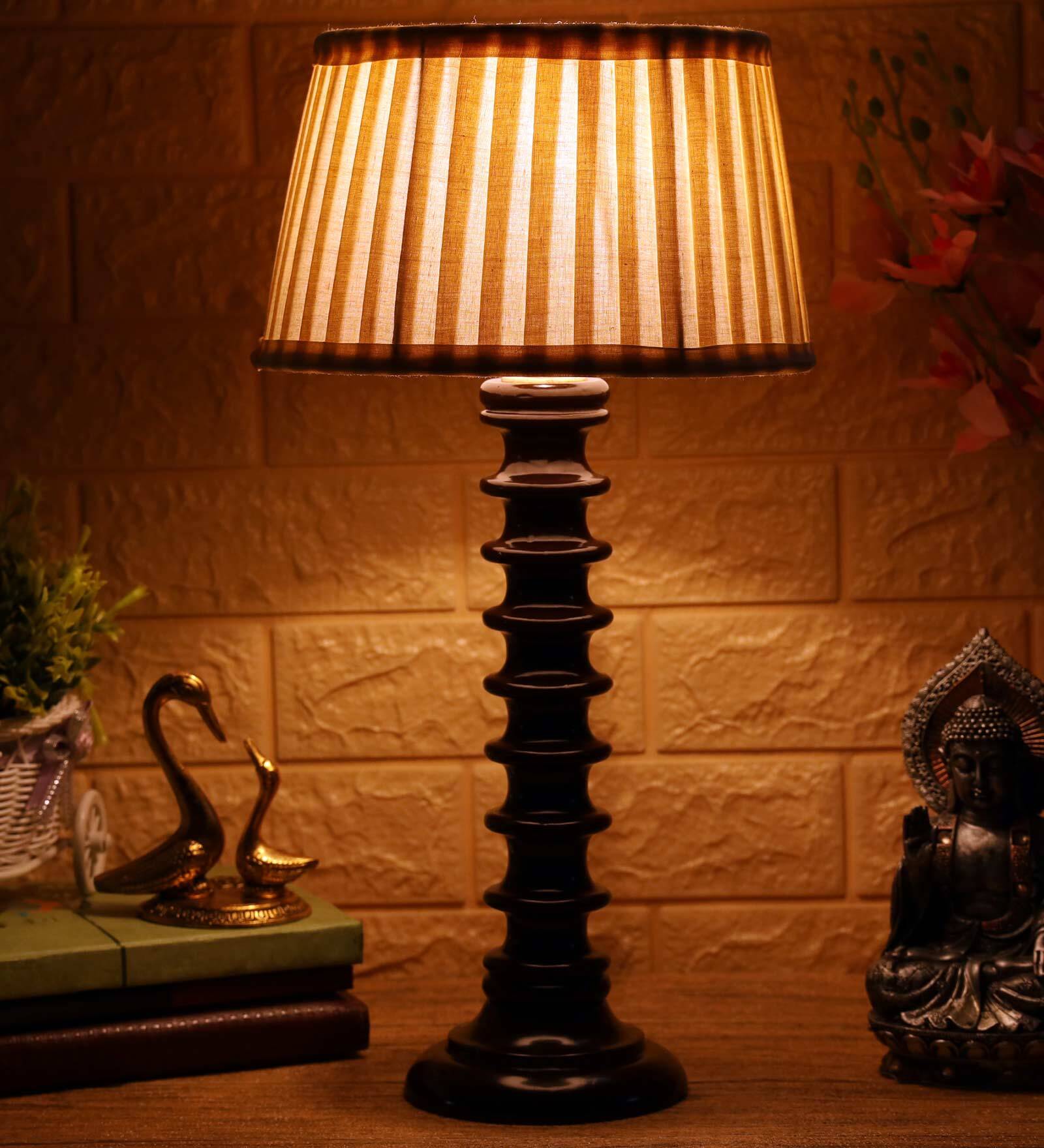 Zucchero White Fabric Shade Night Lamp With Wood Base