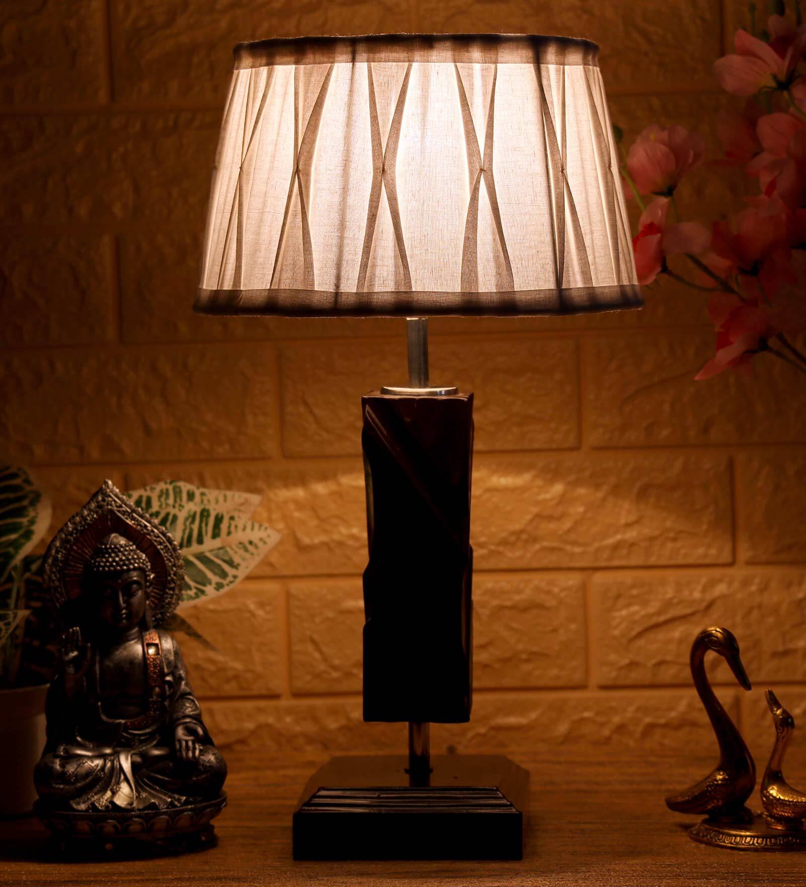 Troika White Fabric Shade Night Lamp With Wood Base