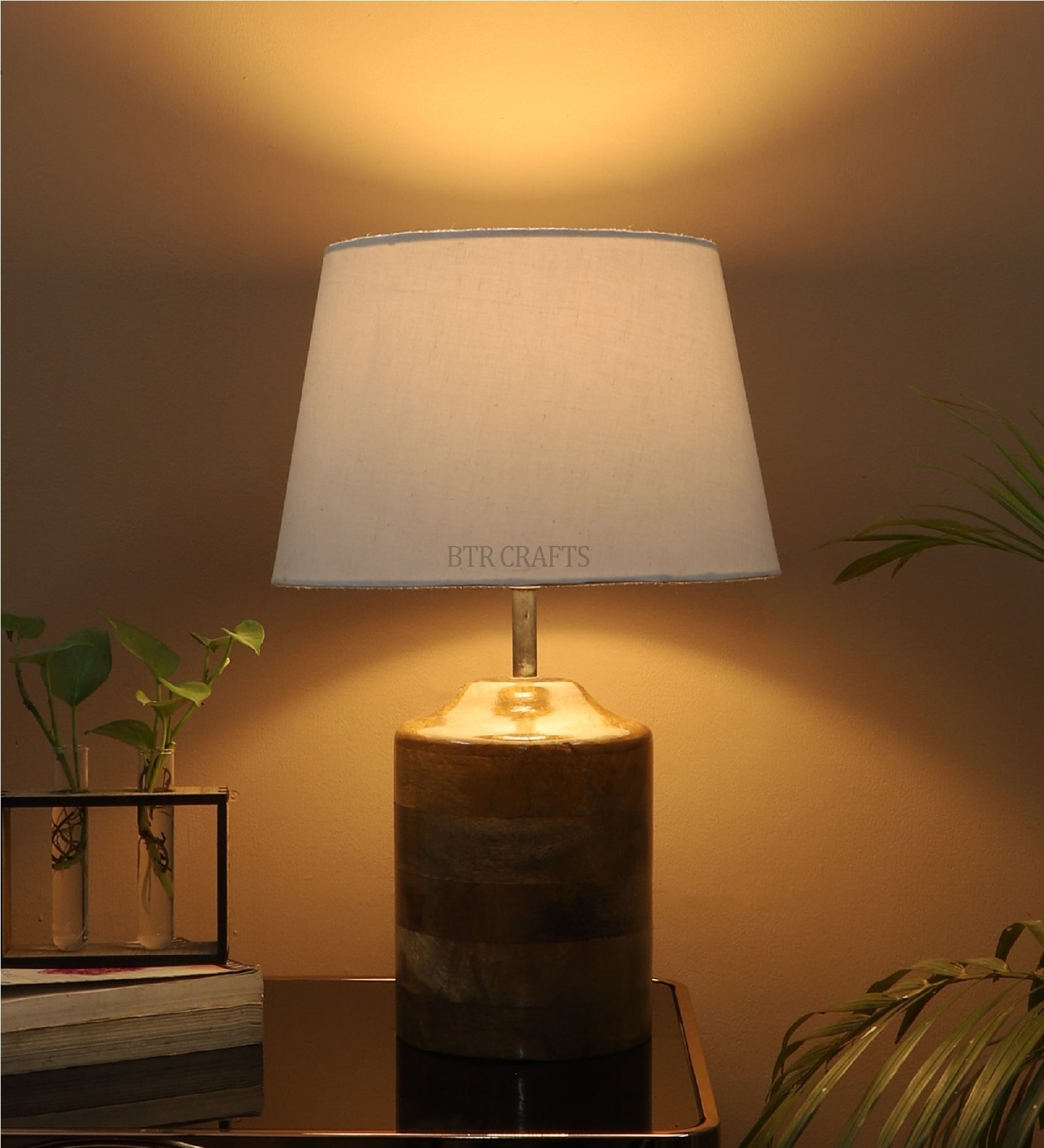 Venus White Fabric Shade Night Lamp With Wood Base