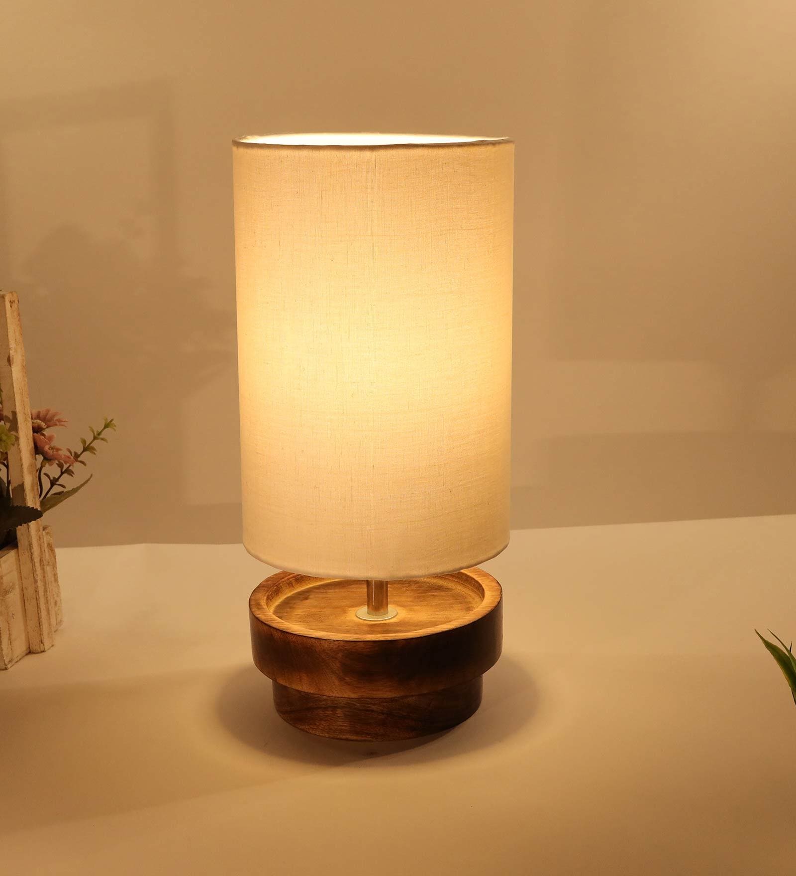 Lecce White Cotton Shade Table Lamp With Wood Base