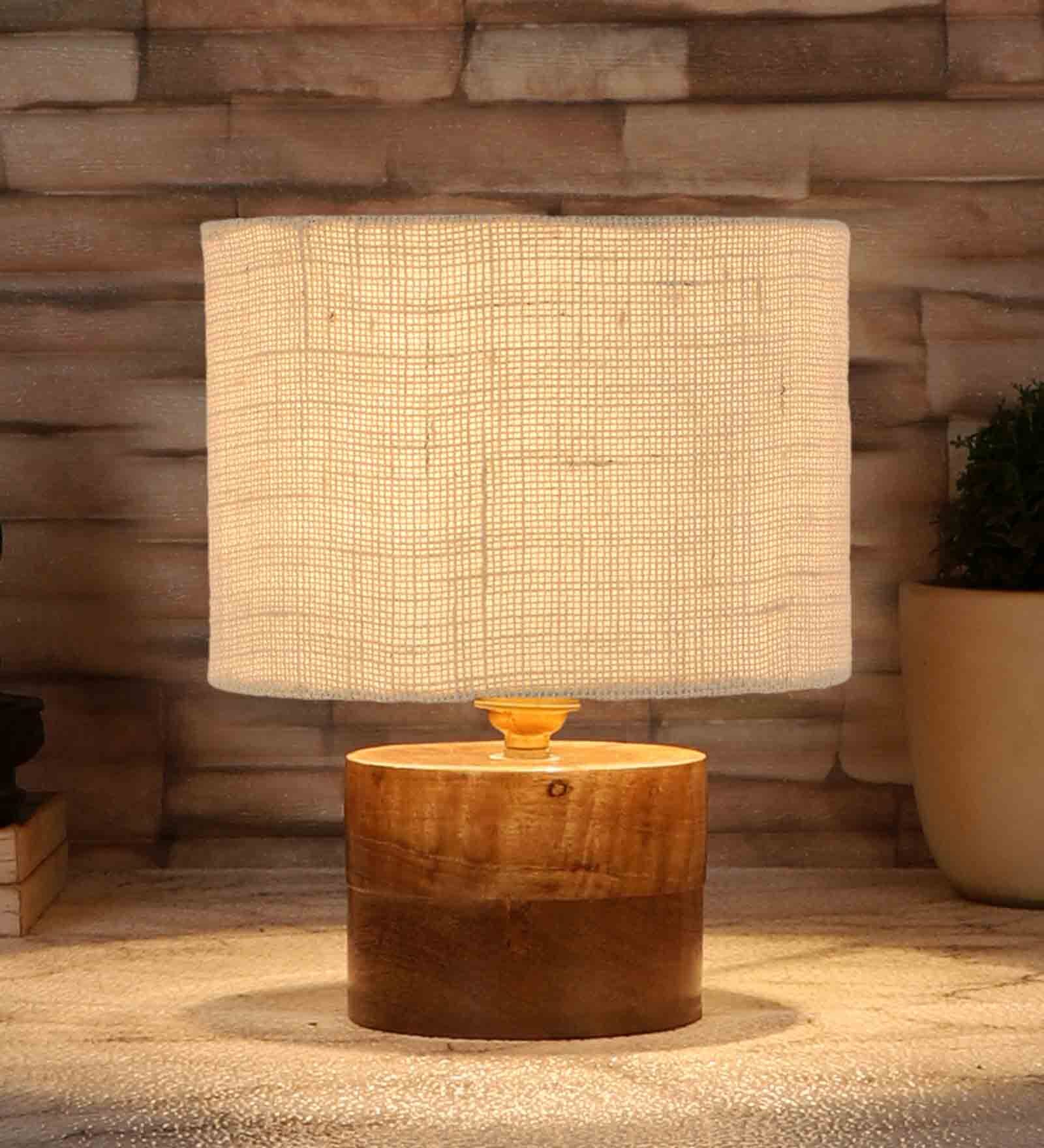 White Shade Table Lamp With Wood Base