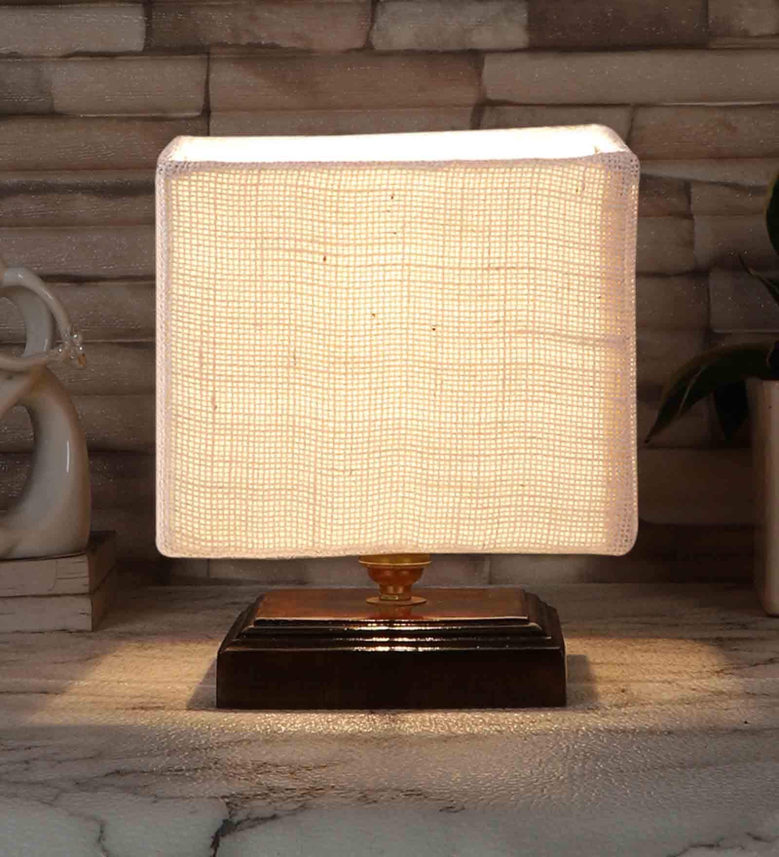 White Shade Table Lamp With Wood Base