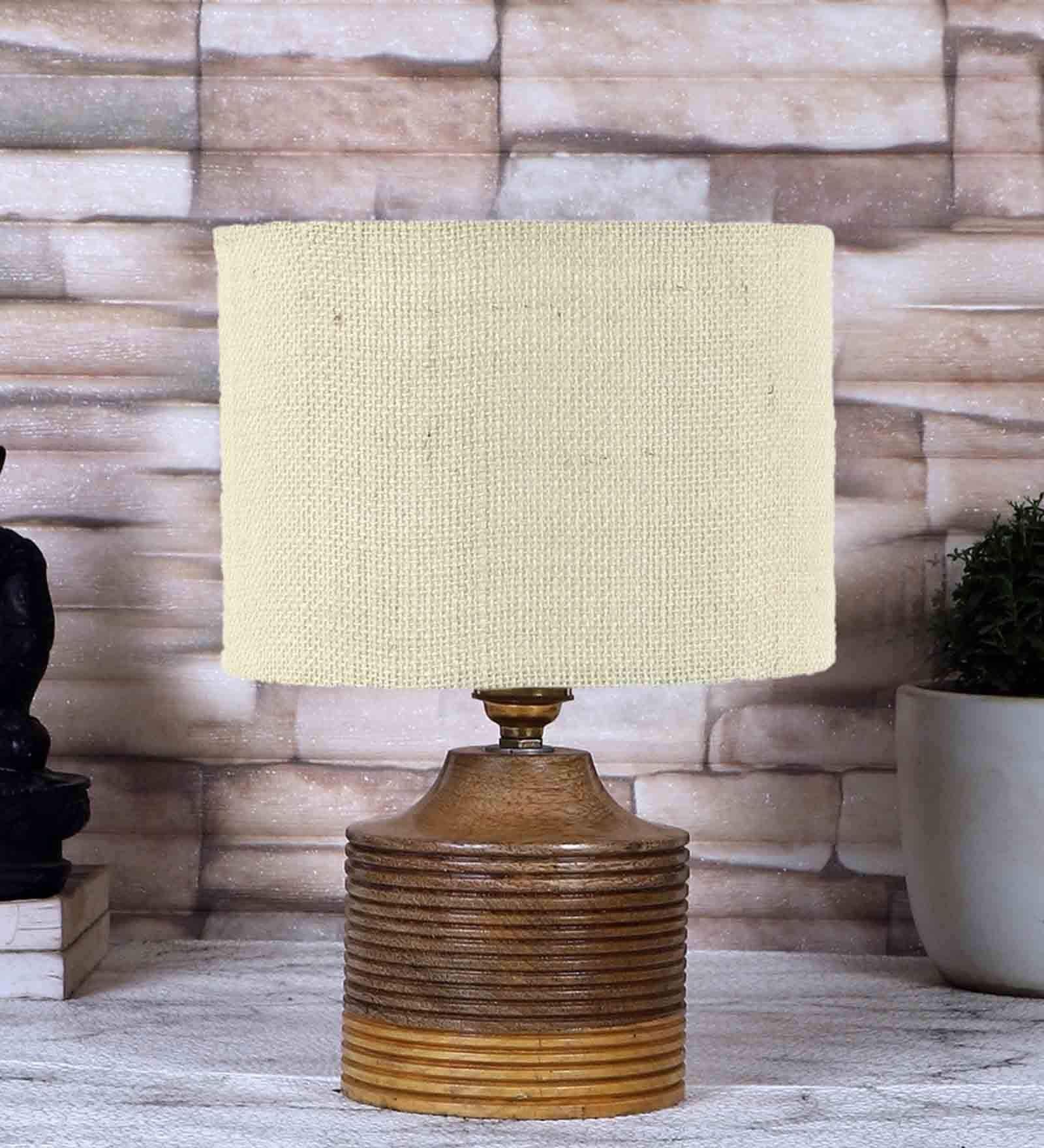 White Shade Table Lamp With Wood Base