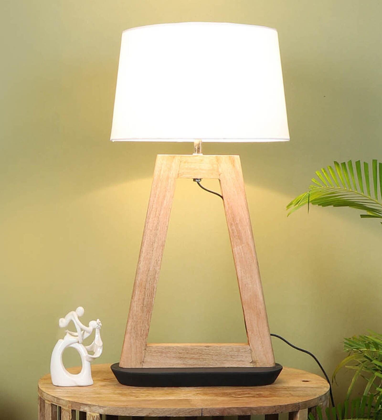 White Shade Table Lamp With Wood Base