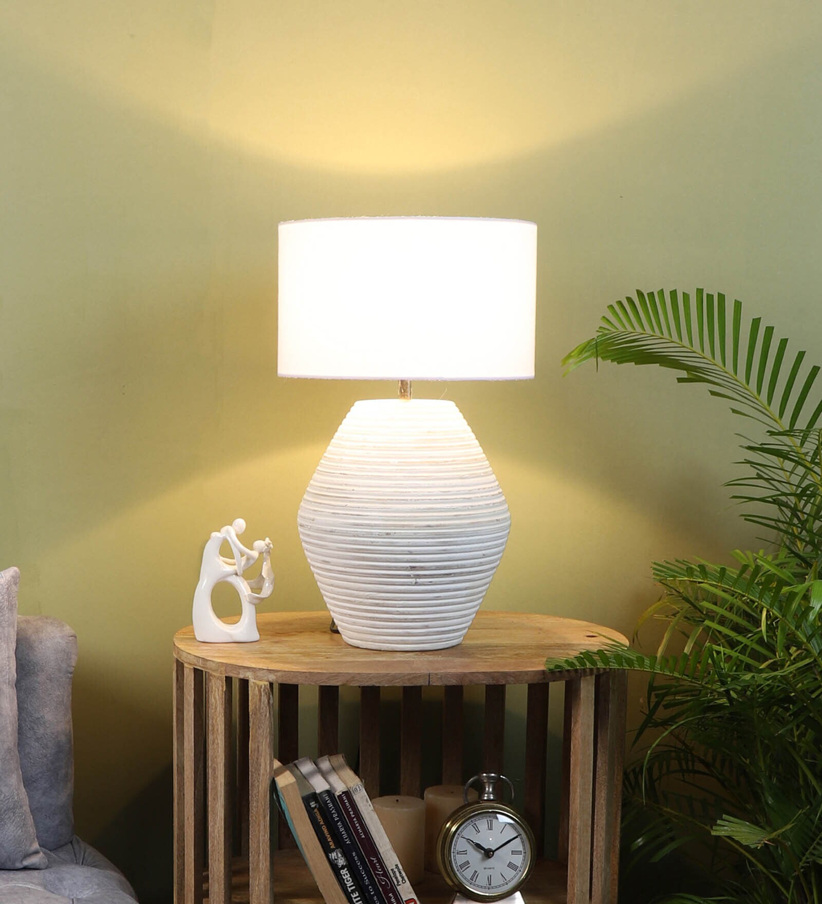 White Shade Table Lamp With Wood Base
