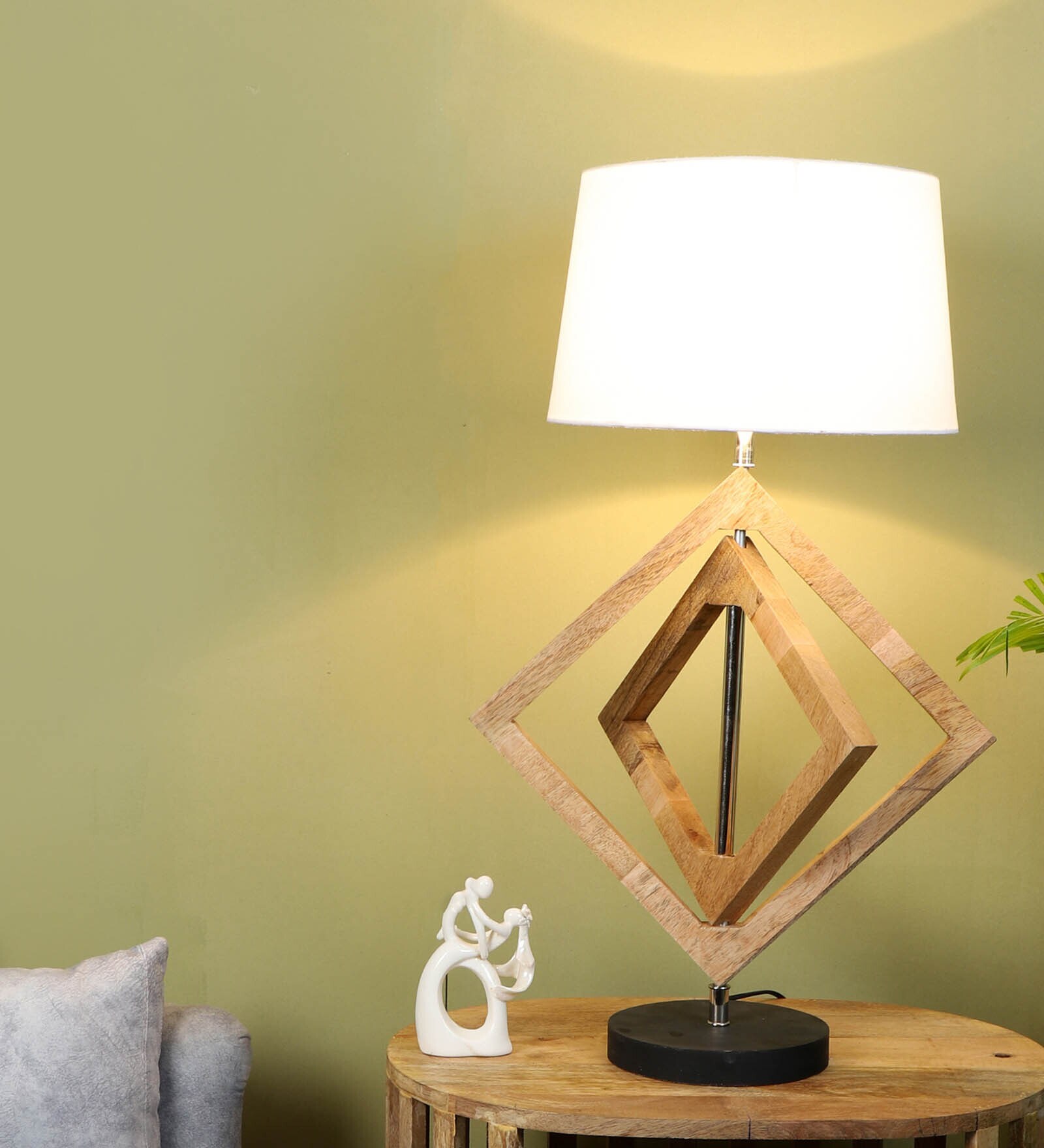 White Shade Table Lamp With Wood Base
