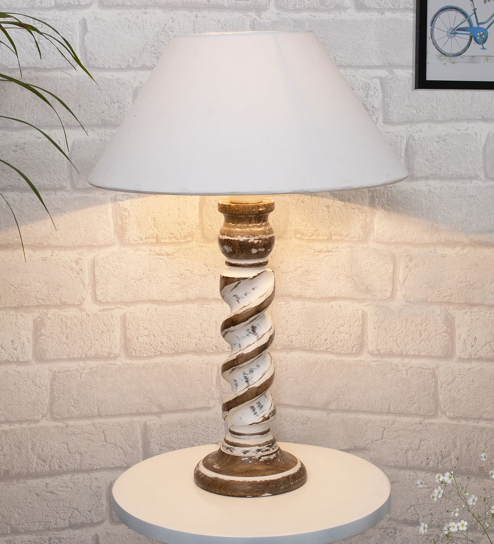 White Shade Table Lamp With Wooden Base
