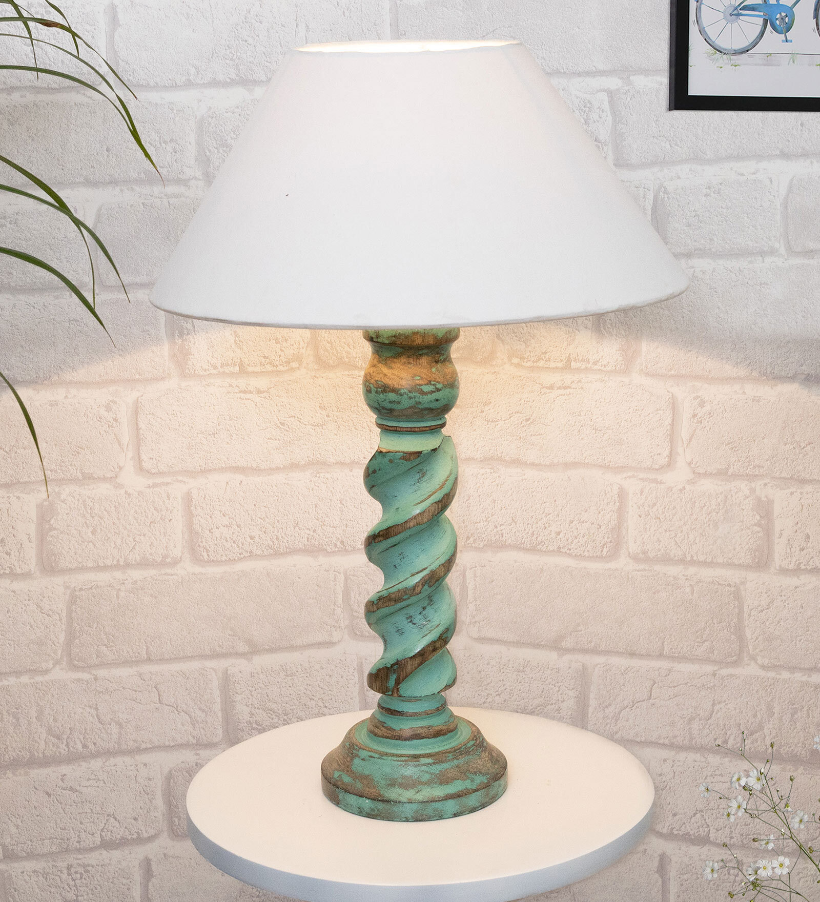 White Shade Table Lamp With Wooden Base
