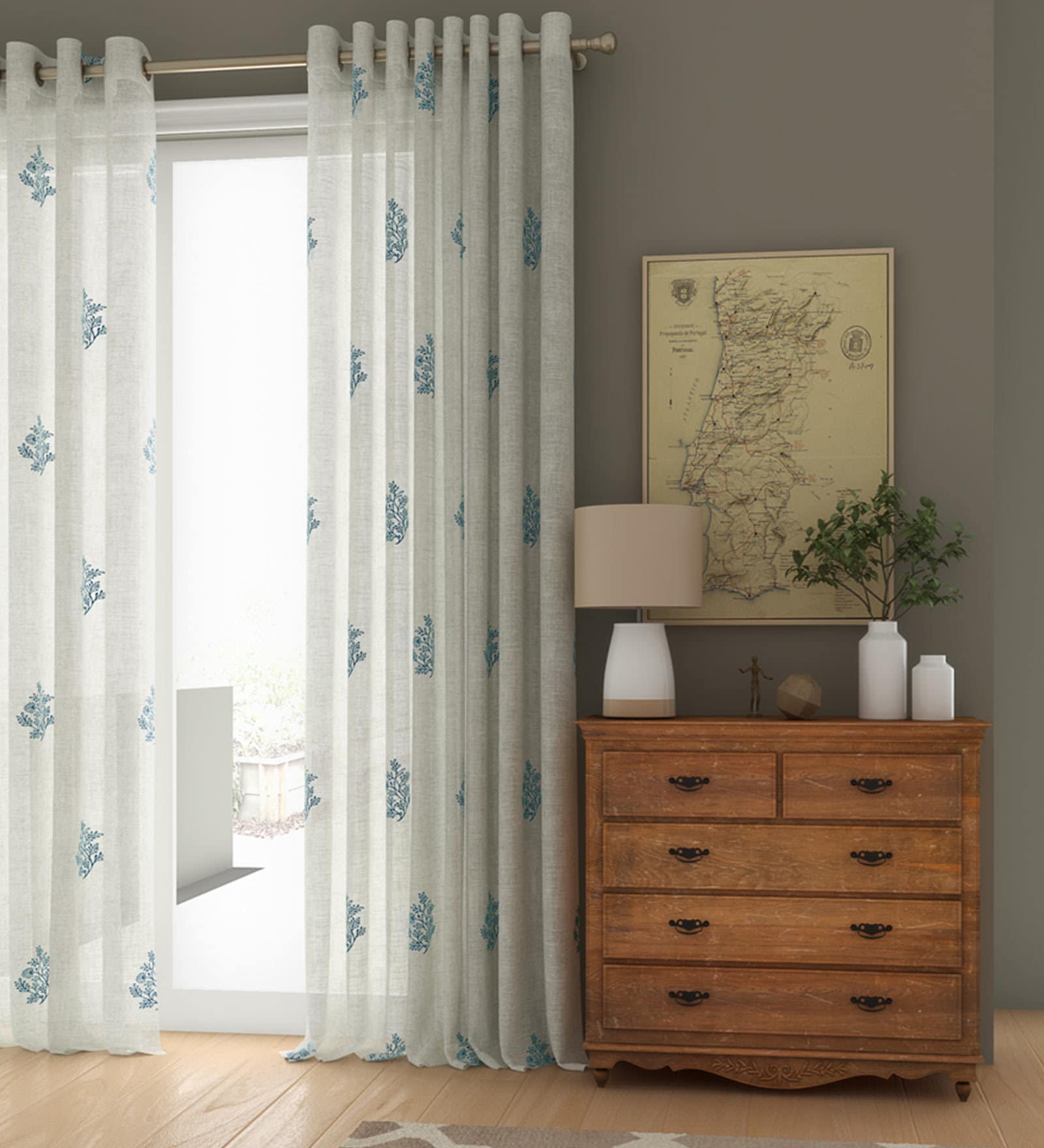 White Floral Cotton 7 Ft Sheer Eyelet Door Curtains (Set of 2)