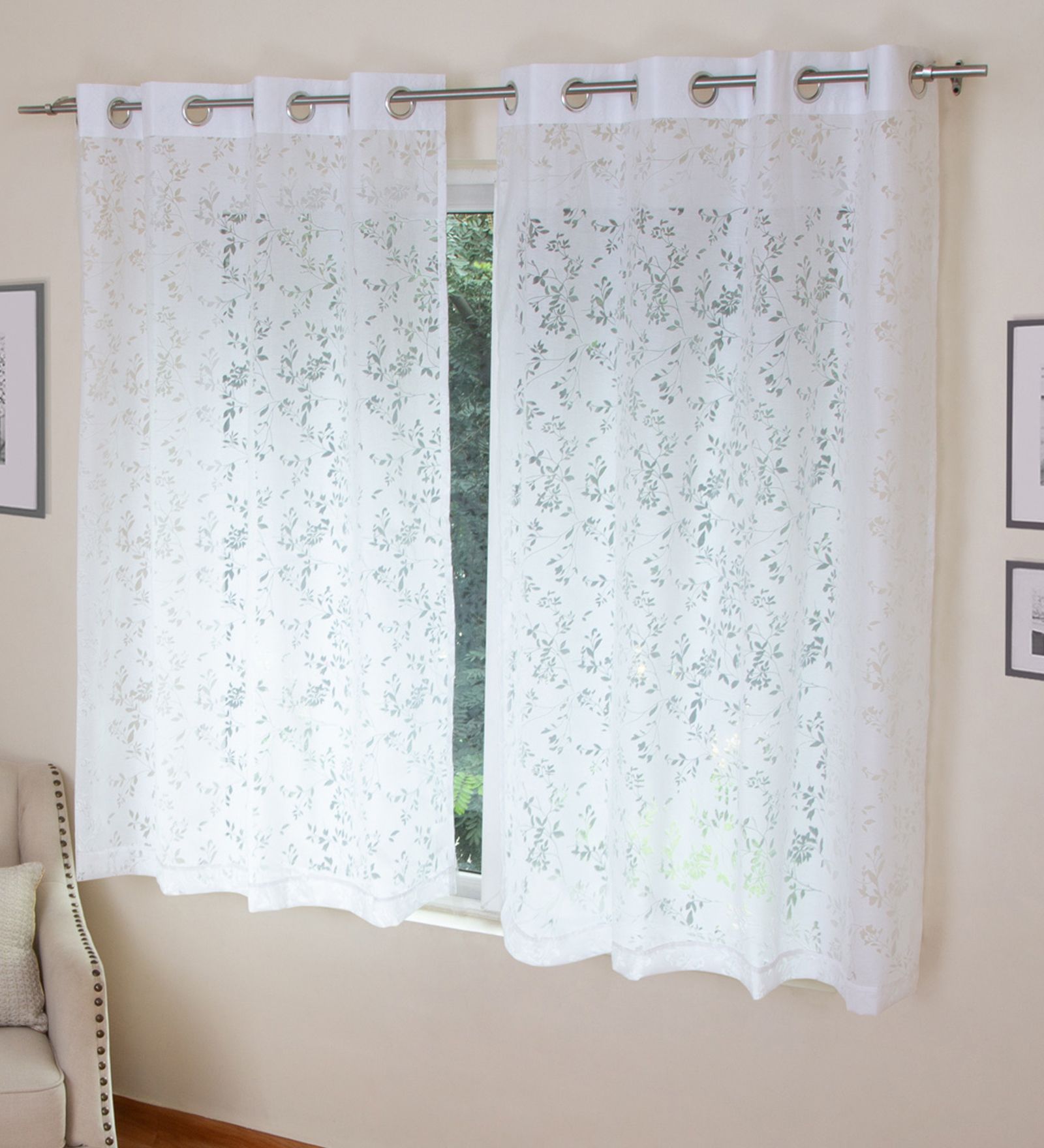White Polycotton Floral 5ft Sheer Eyelet 2 Pcs Window Curtains