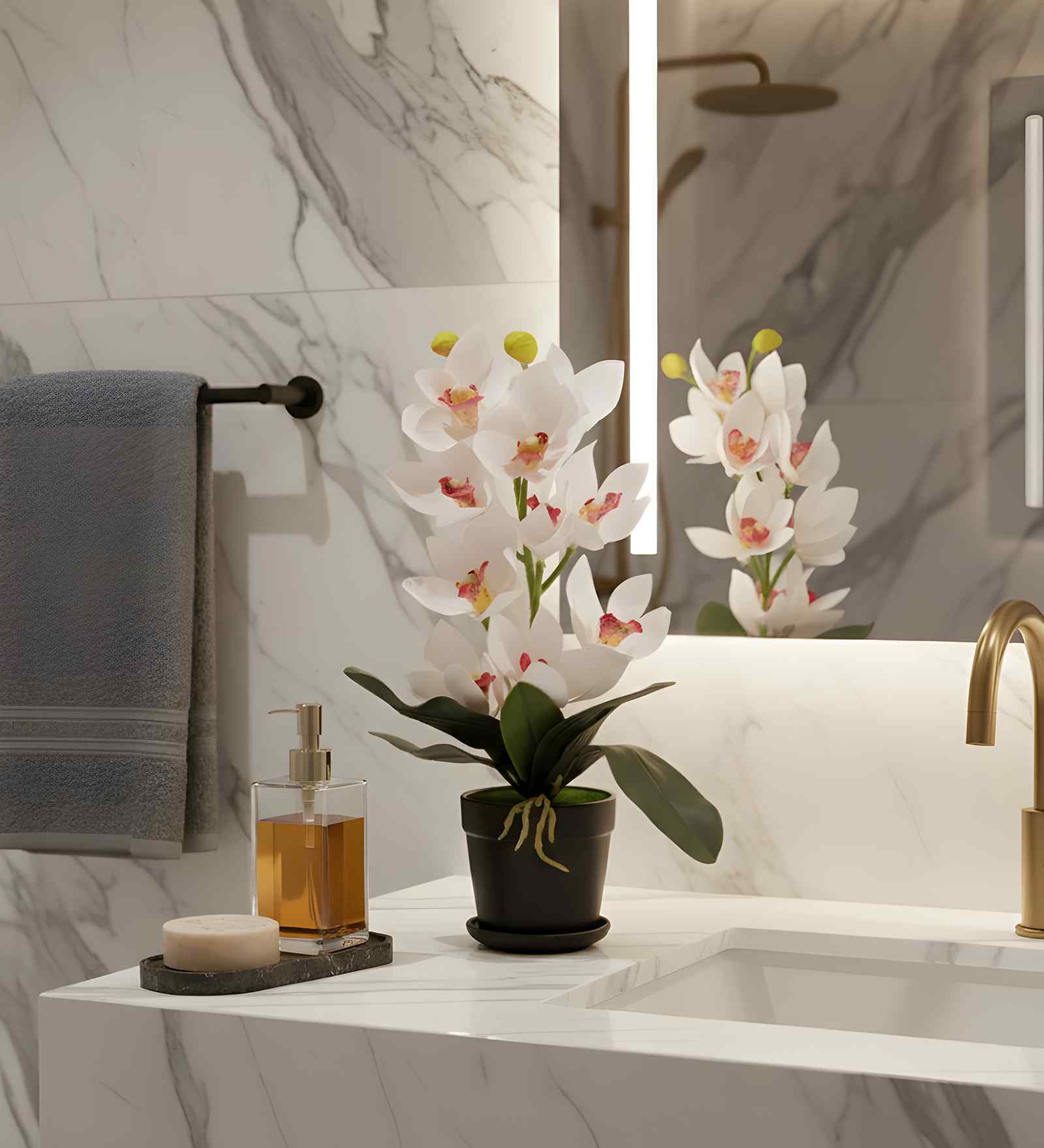 White Silk Fabric Coral Luxe Orchid Arrangement Pot With Flower