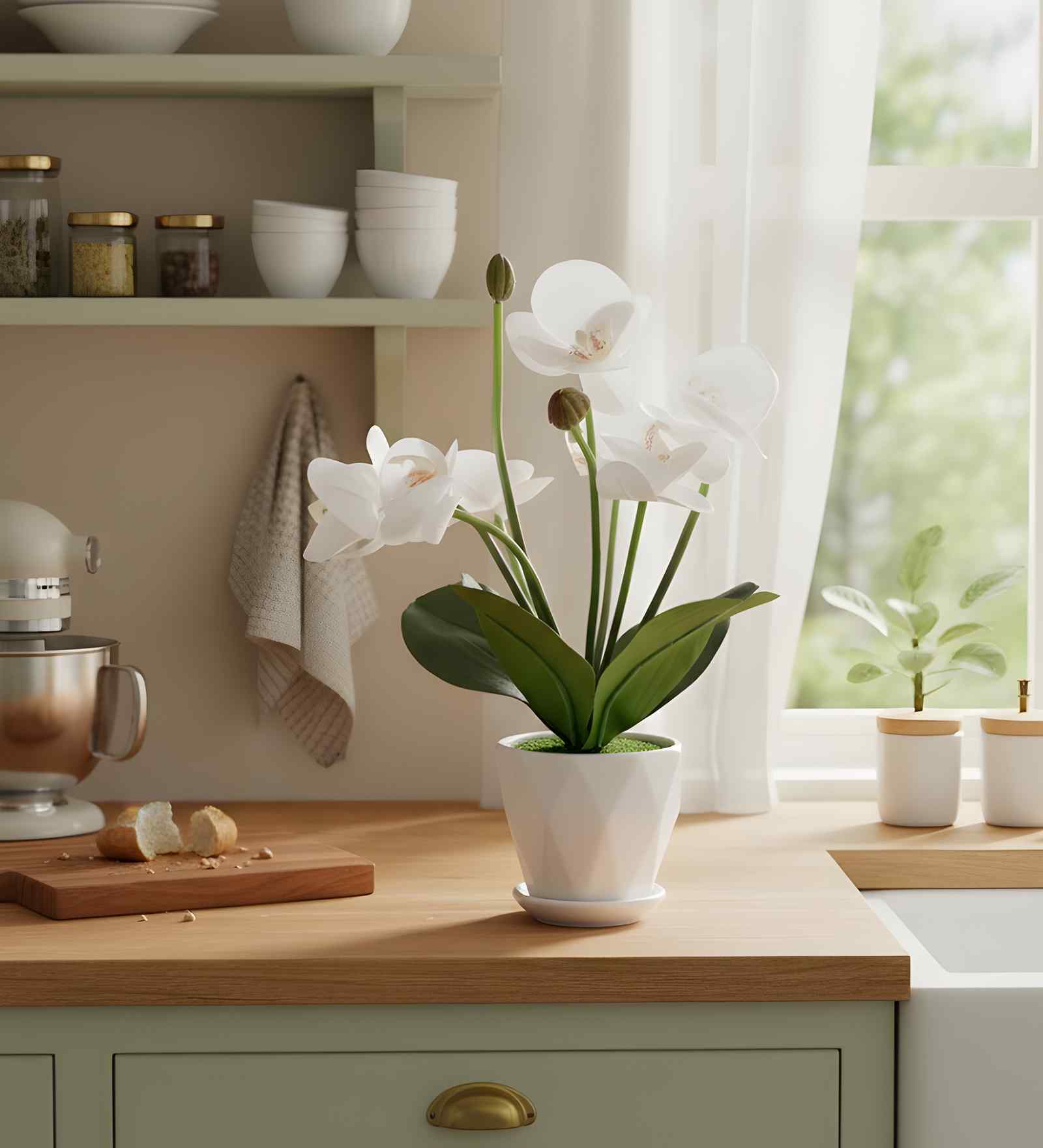 White Silk Fabric Orchid Radiance Arrangement Pot With Flower