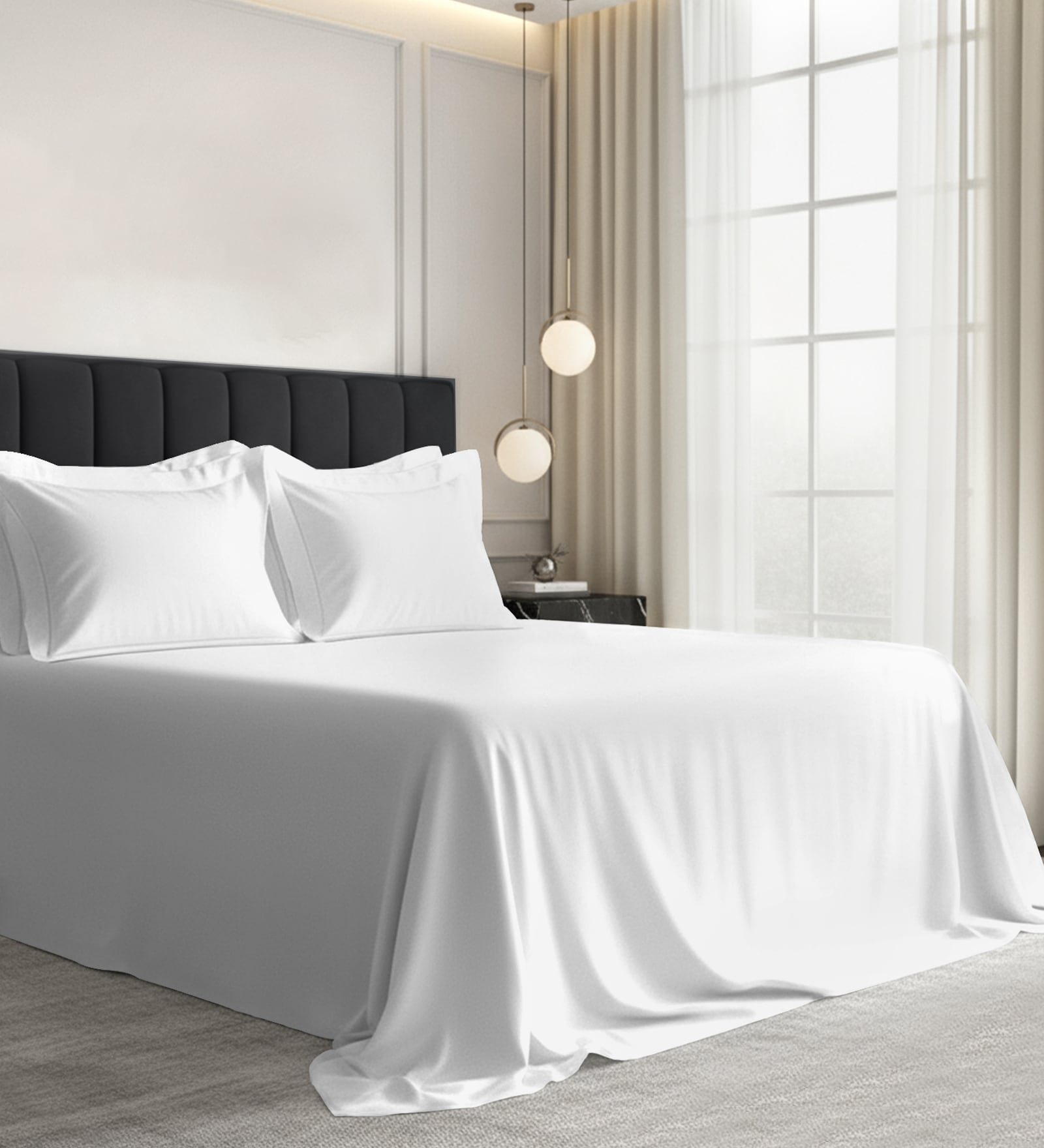 White Solid 1000 TC Cotton Super King Sized Bedsheet with 4 Pillow Covers