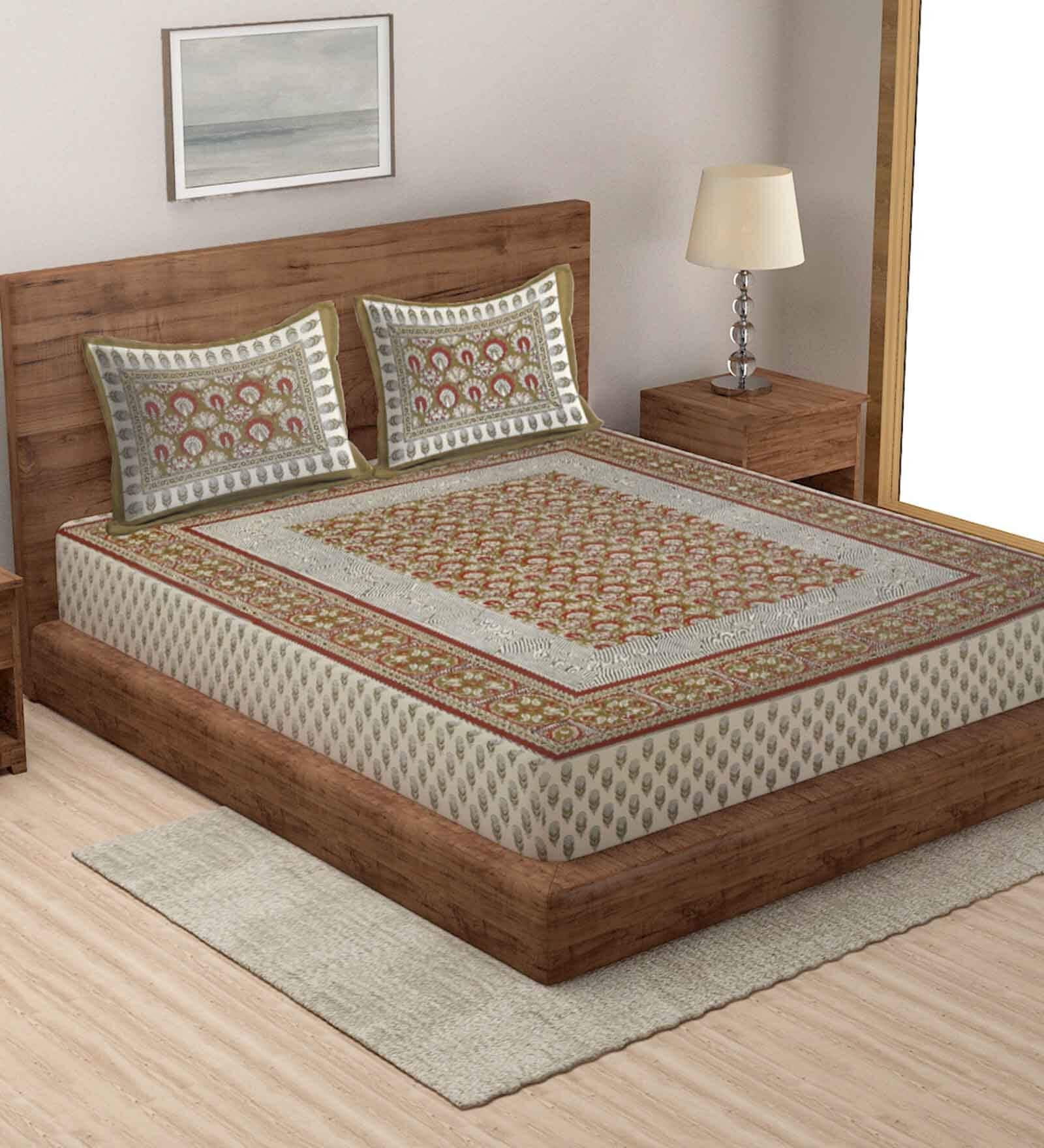 Buy White Abstract 144 TC 100 Cotton Queen Bed Sheet with 2 Pillow