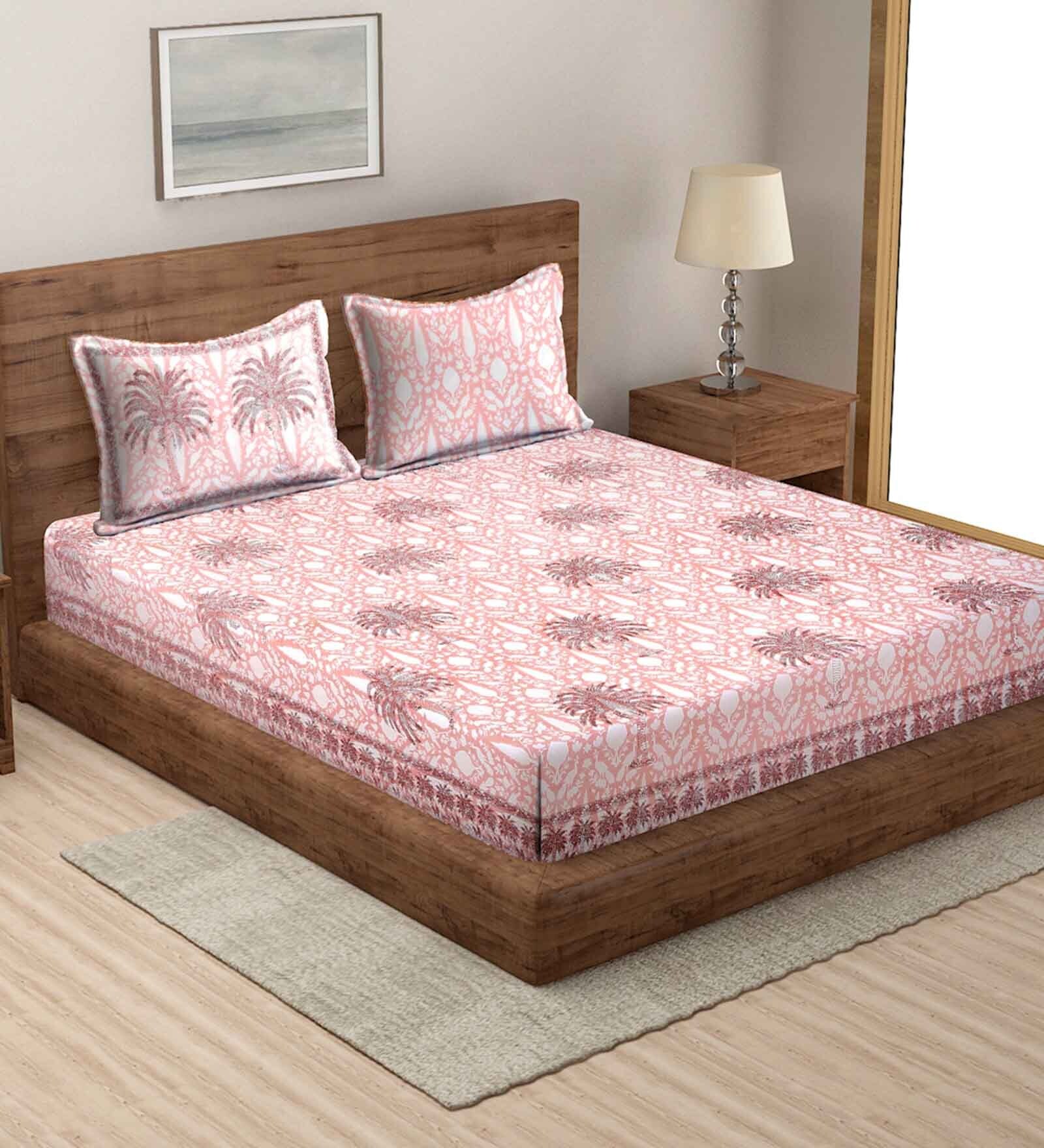 Buy White Abstract 220 TC 100 Cotton Queen Bed Sheet with 2 Pillow