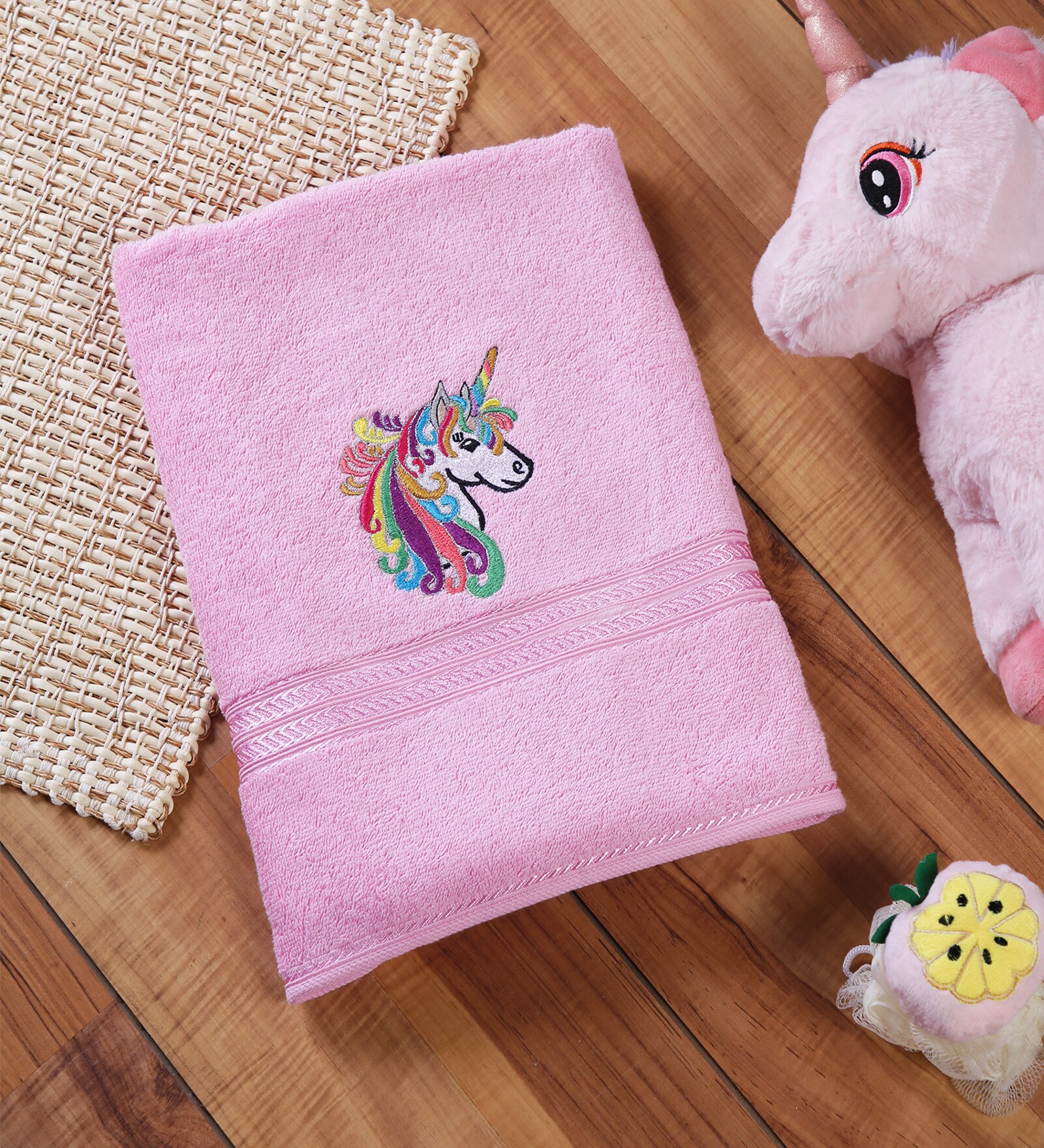 Buy Pink 100 Cotton Embroidered 450 GSM Kids Bath Towel by Plush