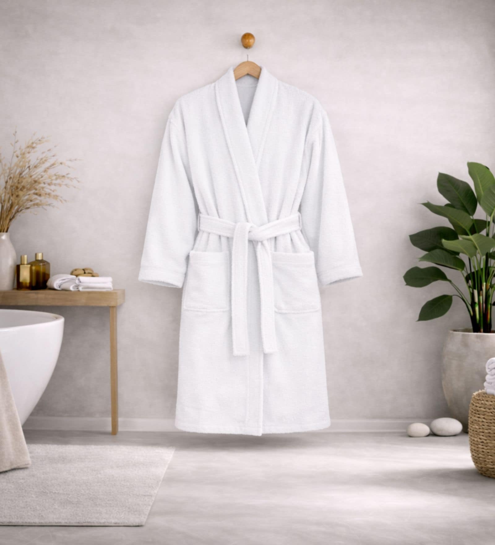 White Solid Cotton Men Bath Robe With Belt (M)