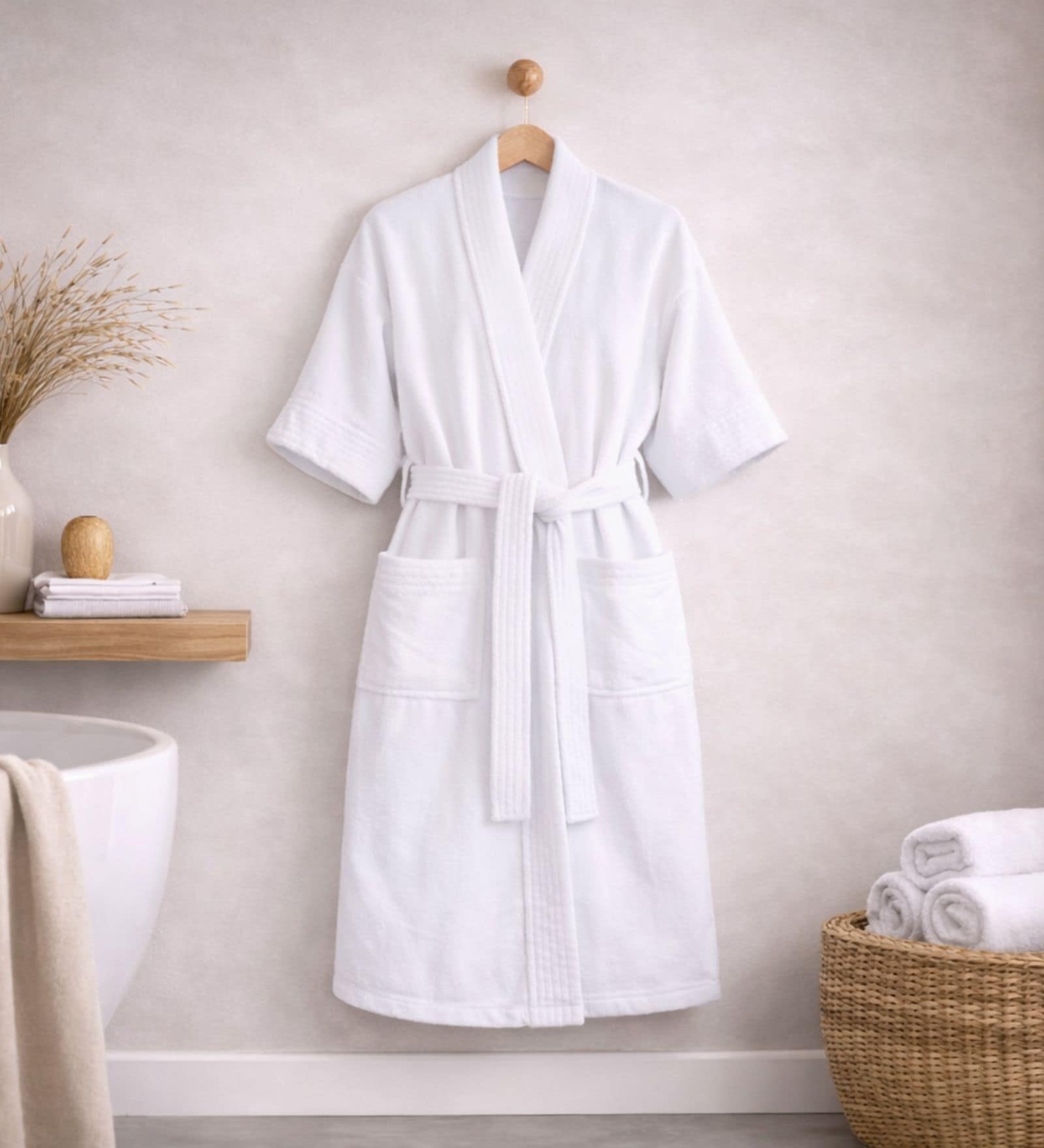 White Solid Cotton Women Bath Robe With Belt (M)