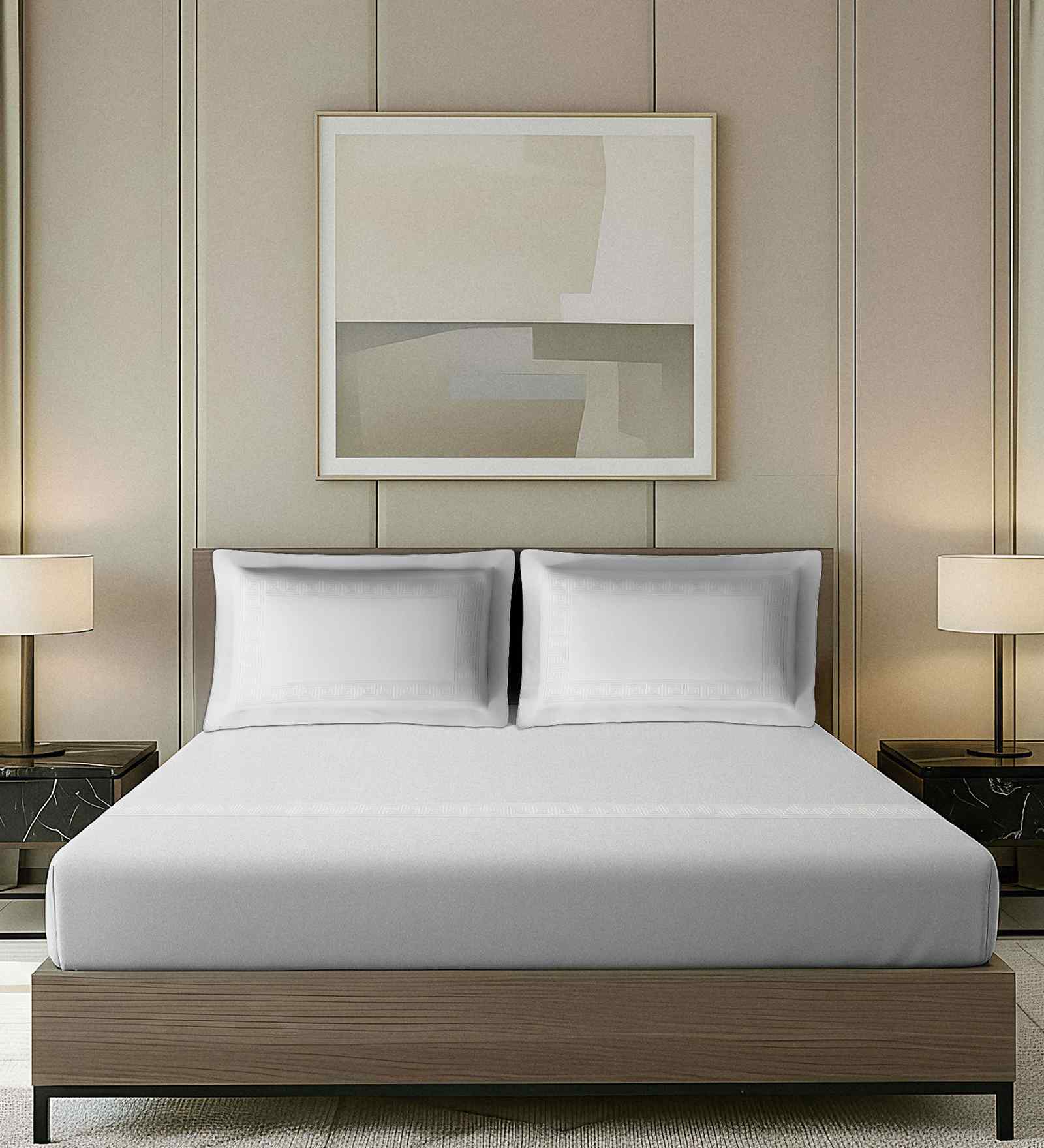 White Solid White Base With White Geometric Embroidery 400 TC Cotton King Double Bedsheet With 2 Pillow Covers