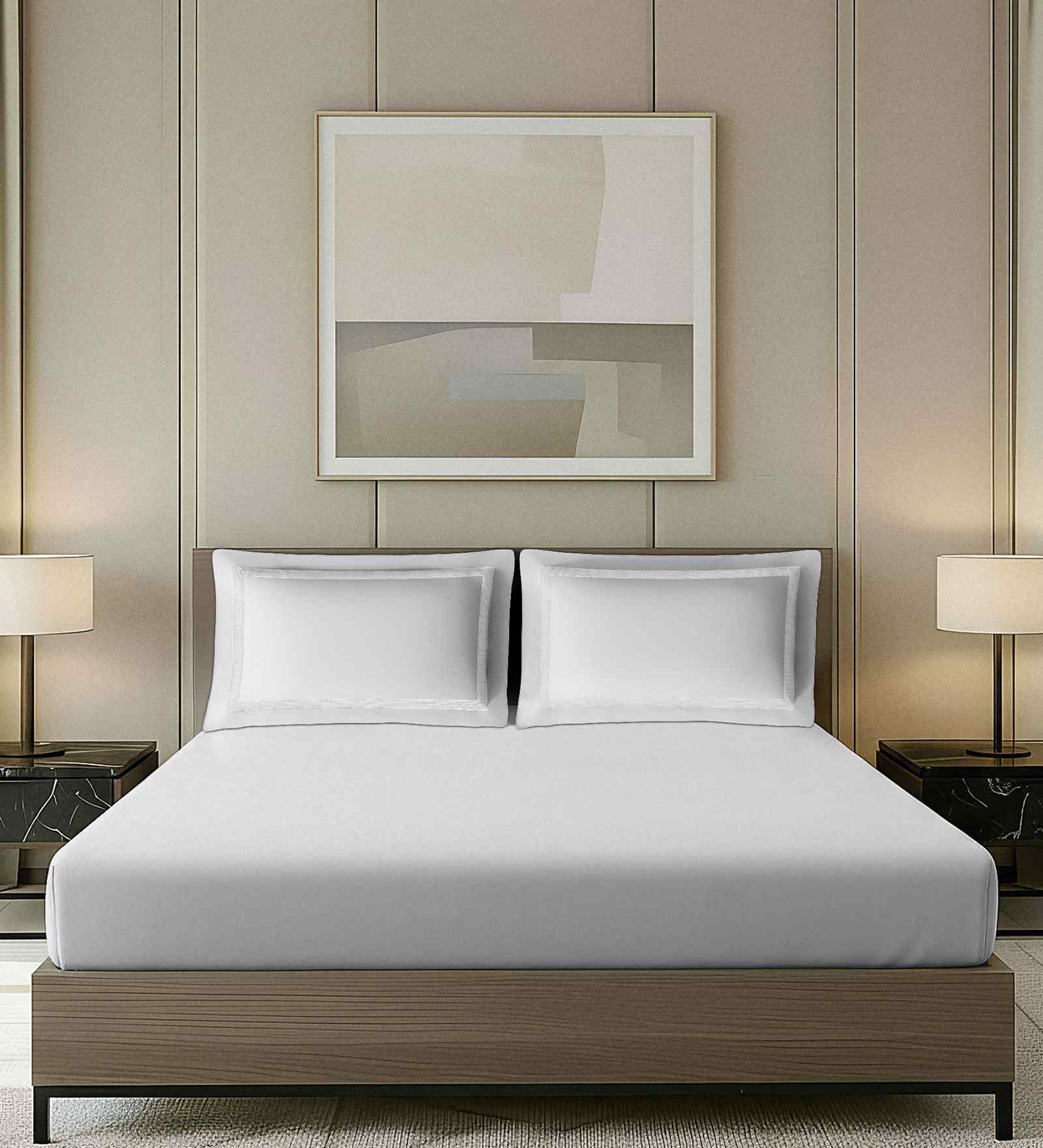 White Solid White With Geometric Embroidery 700 TC Cotton King Double Bedsheet With 2 Pillow Covers