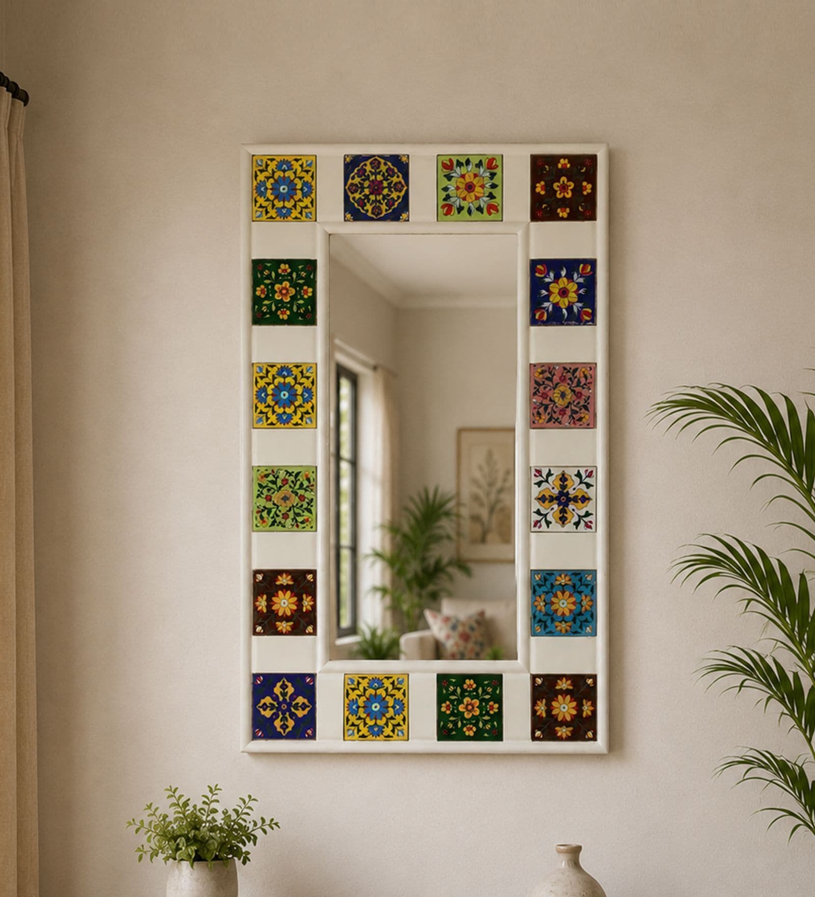 White Solid Wood Tile Mirror 3 Ft. Rectangular Wall Mirror