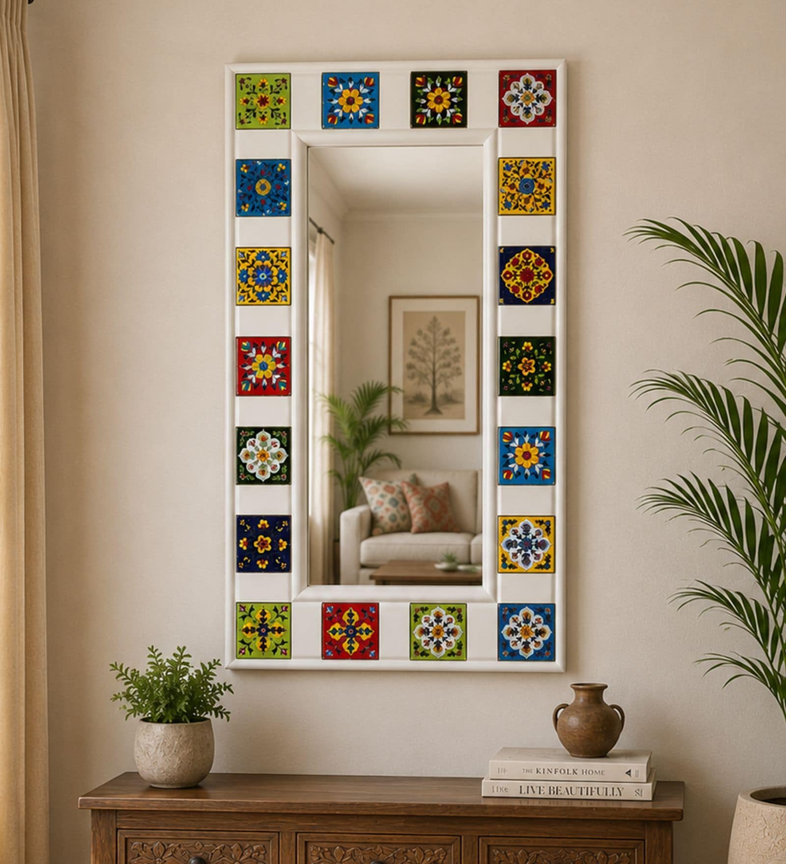 White Solid Wood Tile Mirror 4 Ft. Rectangular Wall Mirror