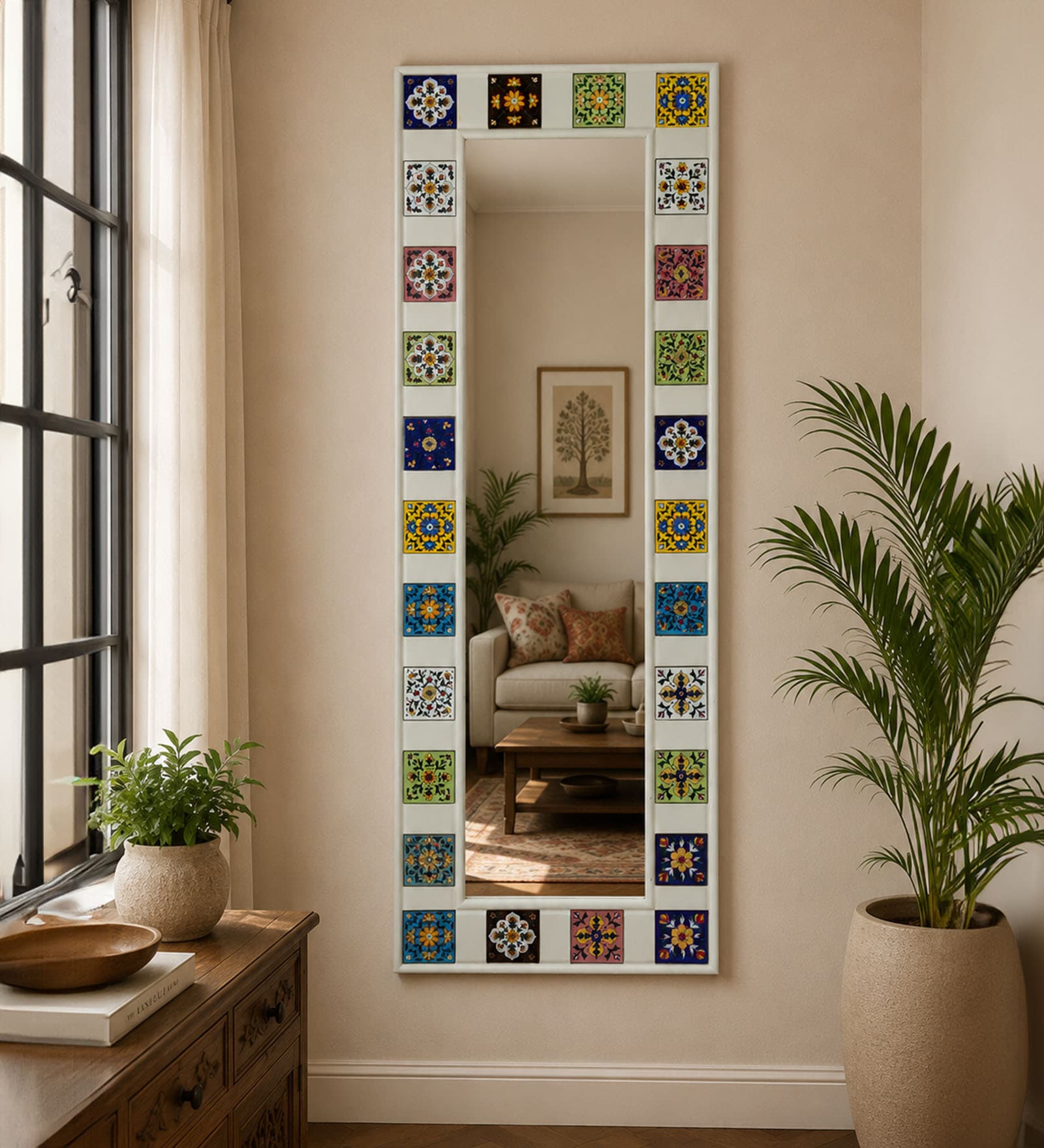 White Solid Wood Tile Mirror 6 Ft. Rectangular Wall Mirror