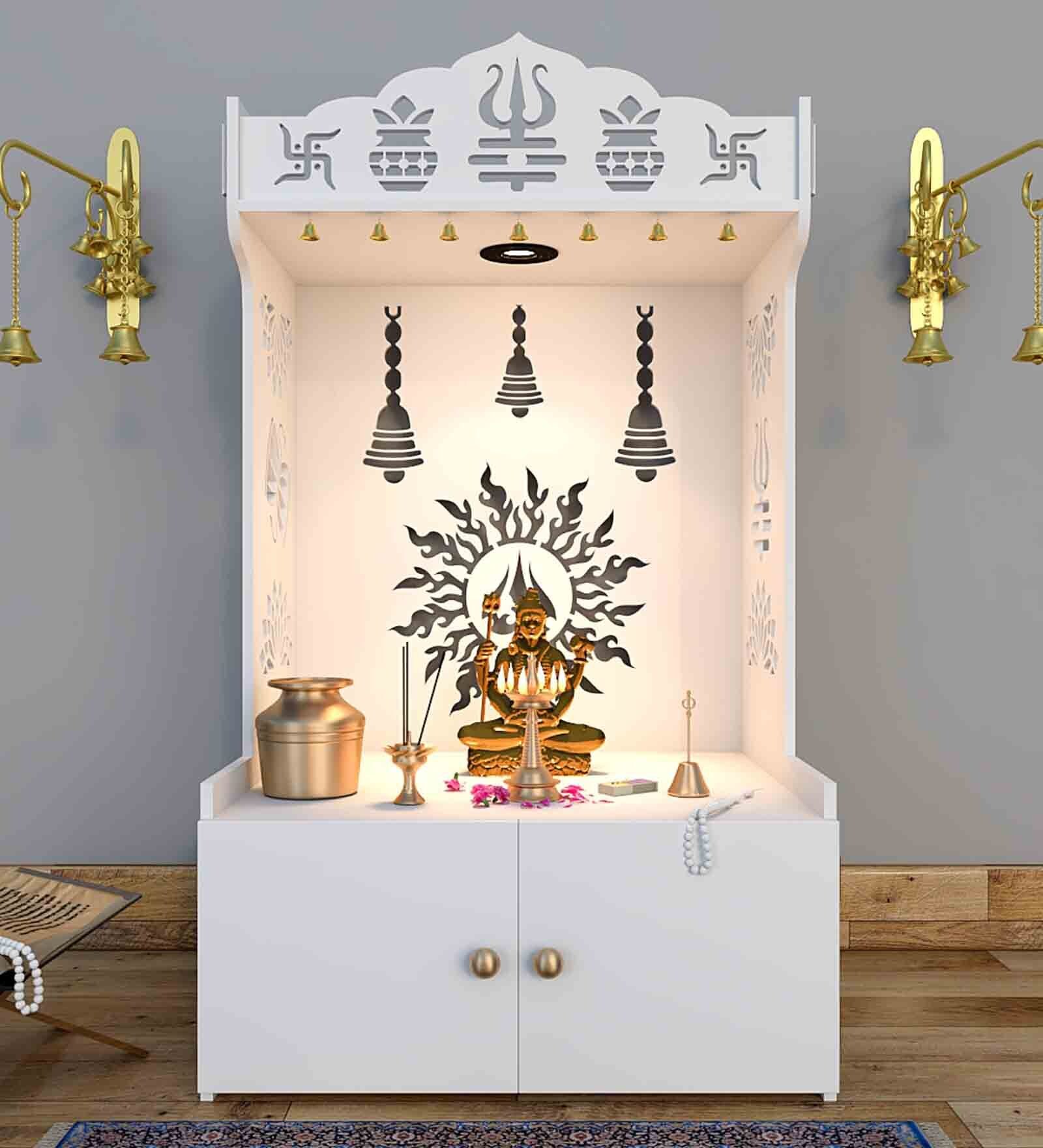 White Engineered Wood Floor Rested Mandir With Cabinet