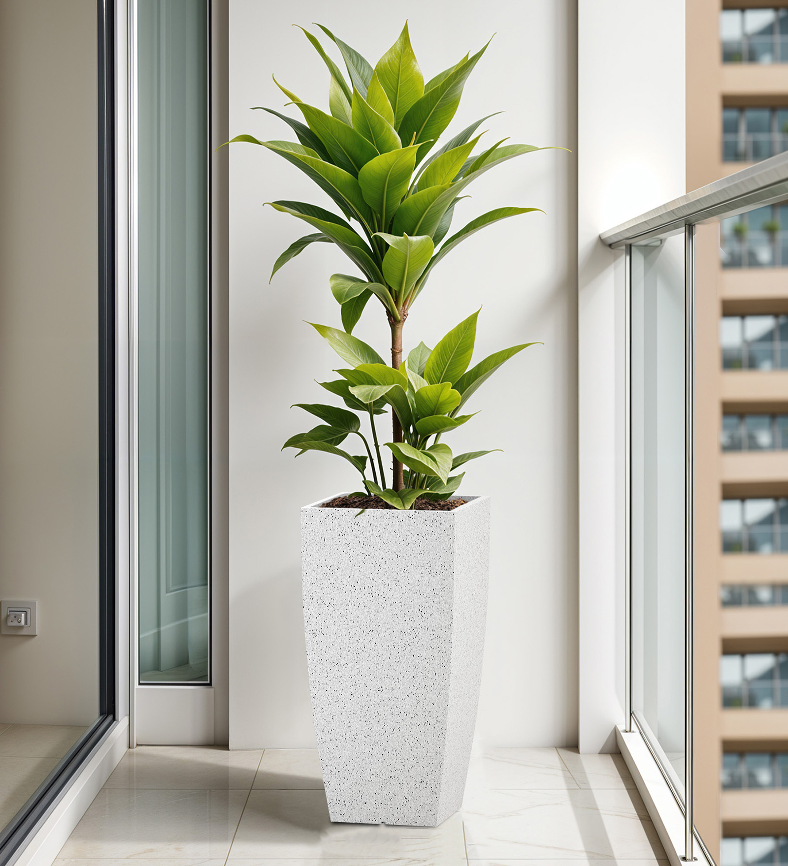 White Square Shaped Marble Polymer Floor Planter