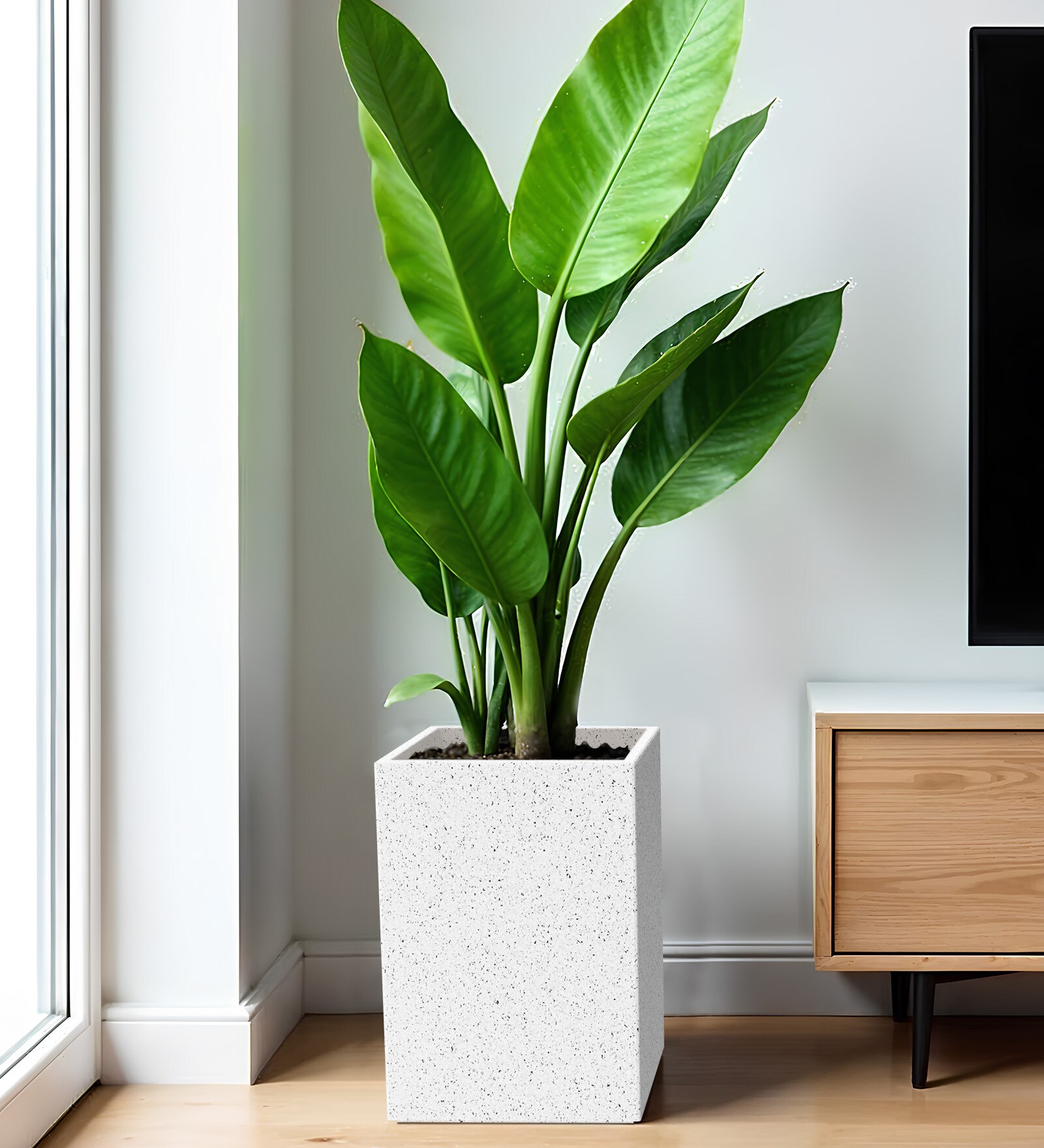 White Square Shaped Marble Polymer Floor Planter