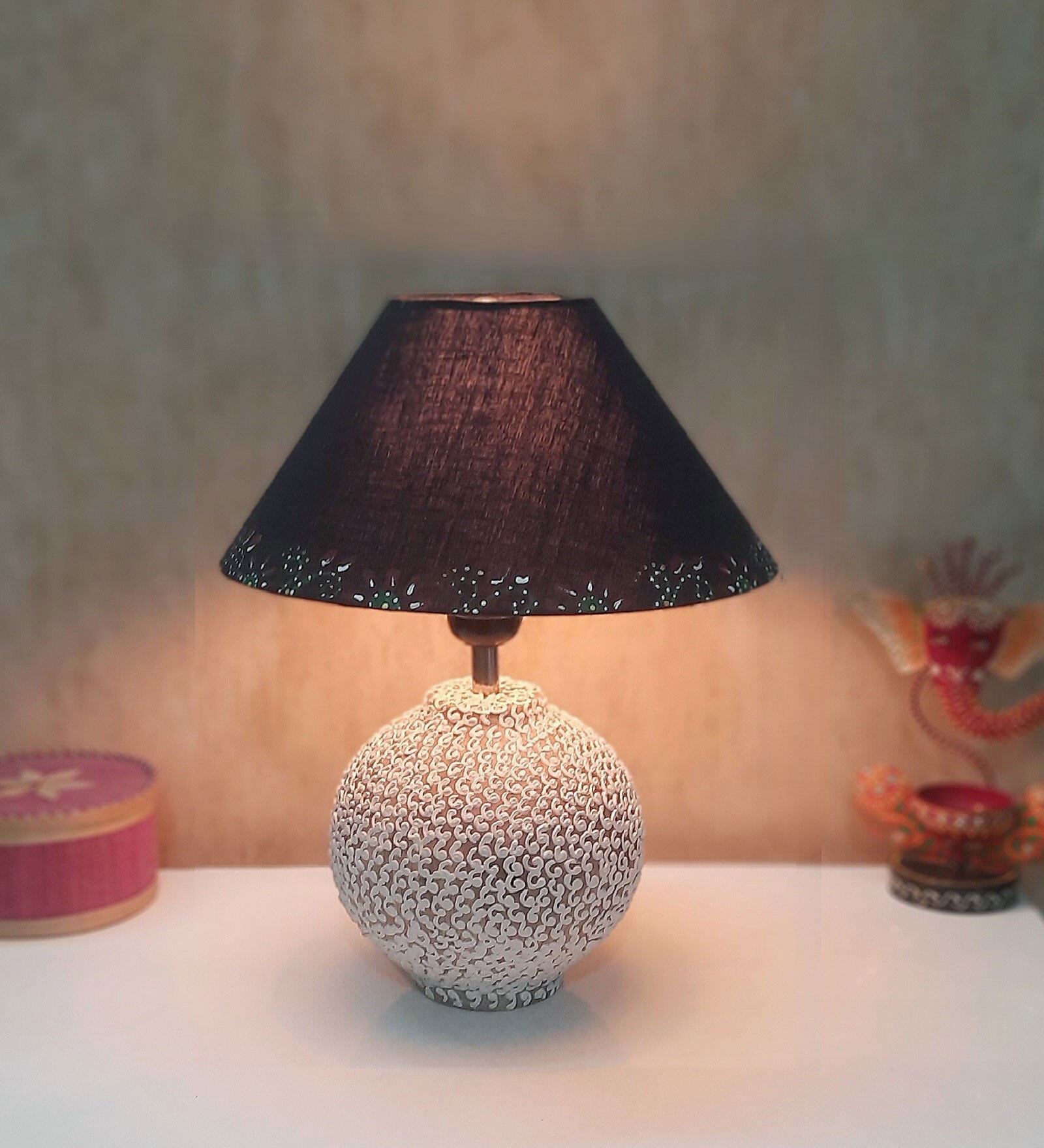 White Stone Finish Handpainted and hancarved Distress wooden Table lamp in Matka handcarved design with handpainted fabric shade