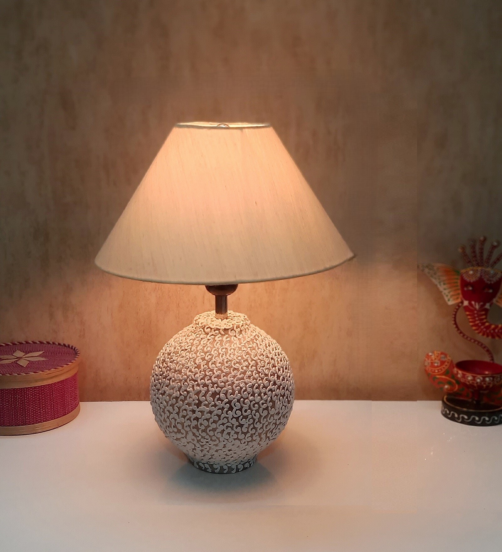 White Stone Finish Handpainted and hancarved Distress wooden Table lamp in Matka handcarved design with handpainted fabric shade