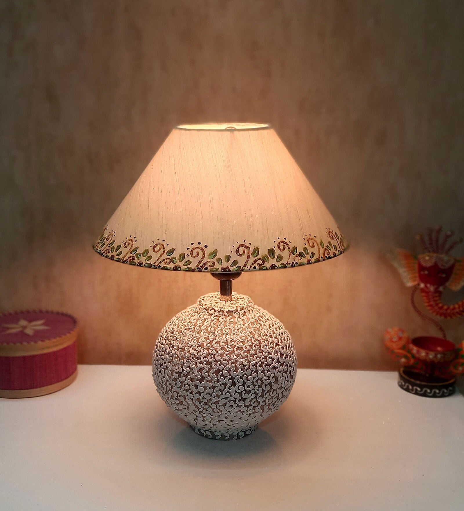 White Stone Finish Handpainted and hancarved Distress wooden Table lamp in Matka handcarved design with handpainted fabric shade