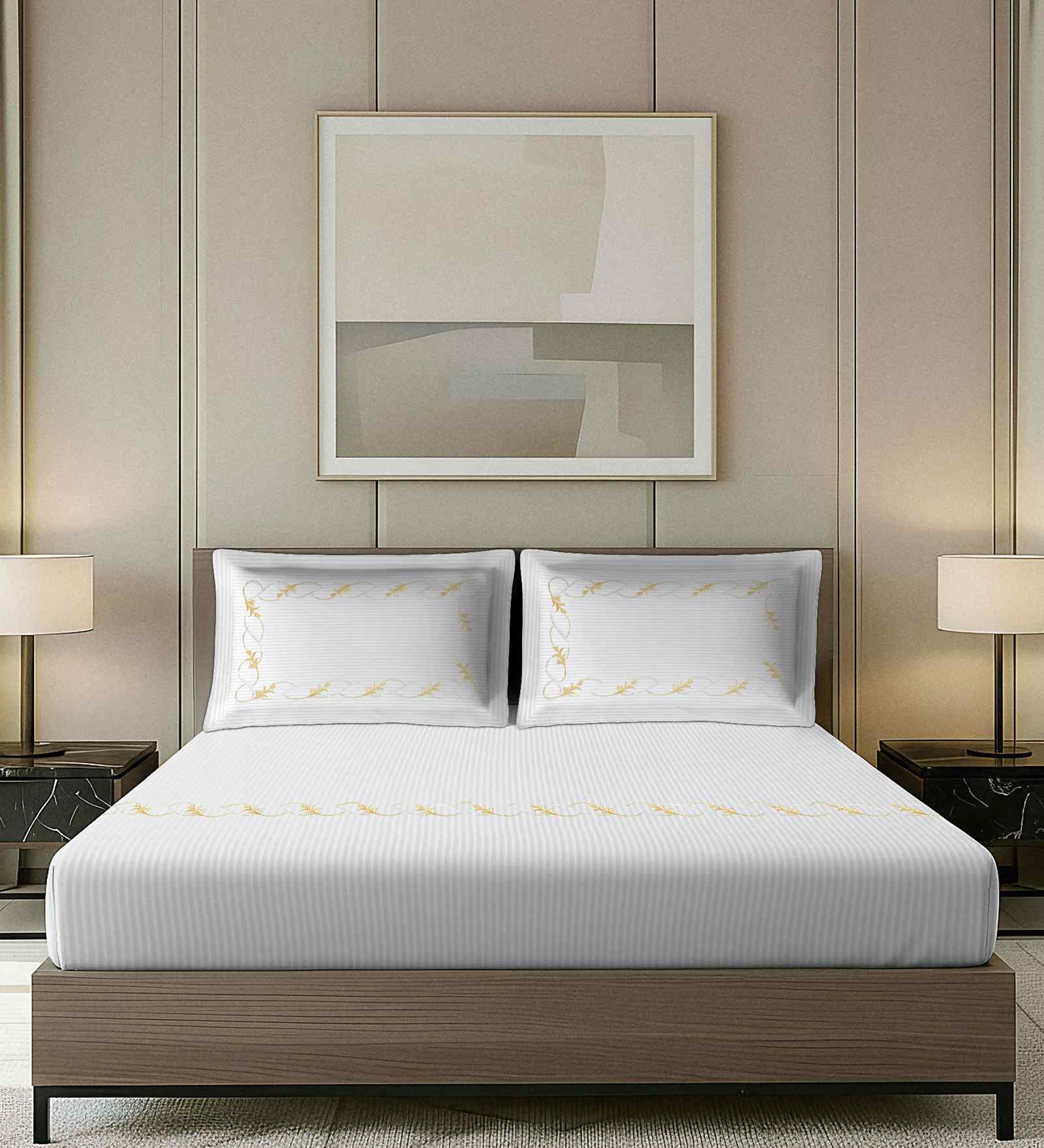 White Striped Pattern With Floral Embroidery 500 TC Cotton King Double Bedsheet With 2 Pillow Covers