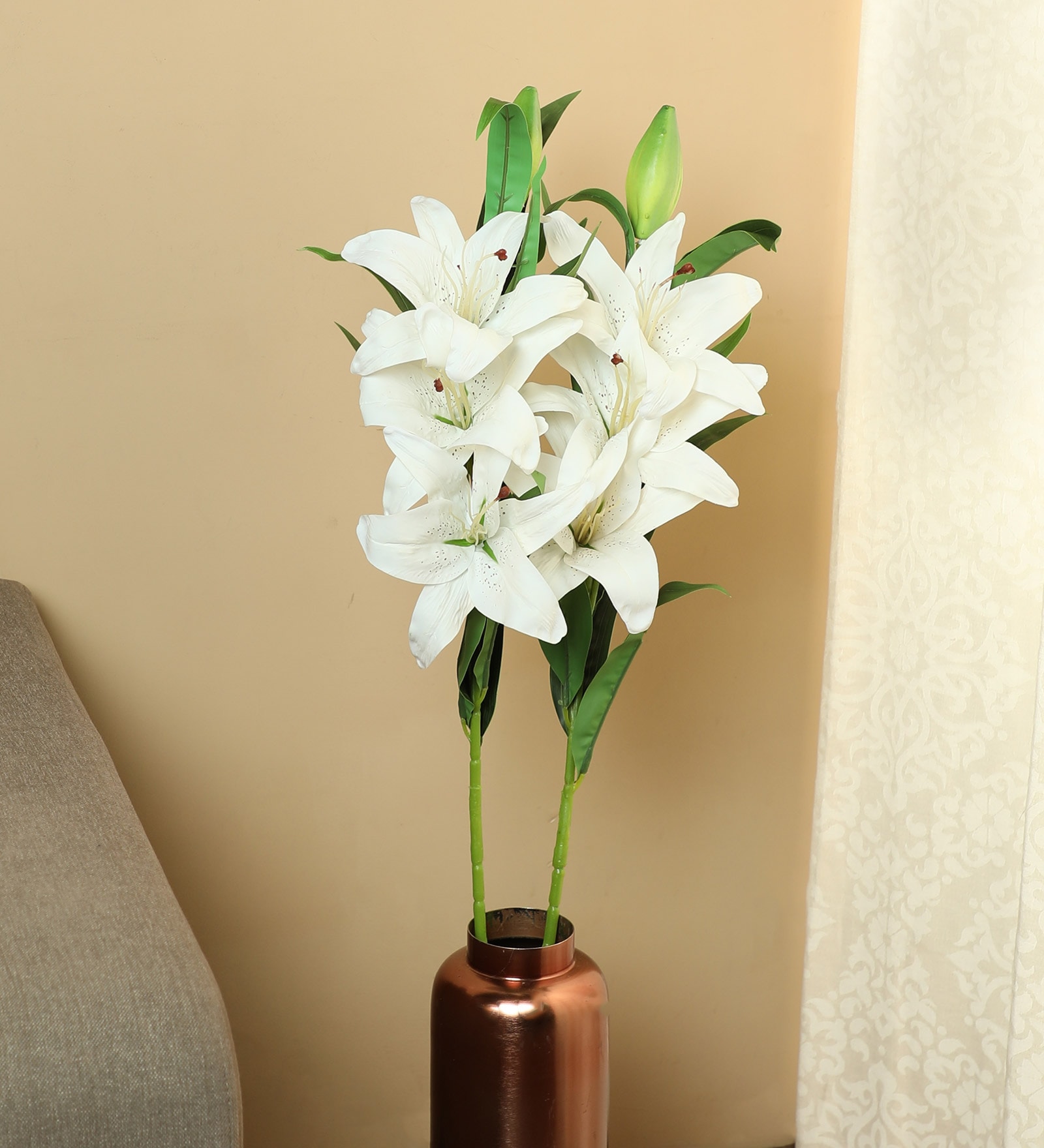 White Synthetic Fabric Lily Artificial Flower Set of 2