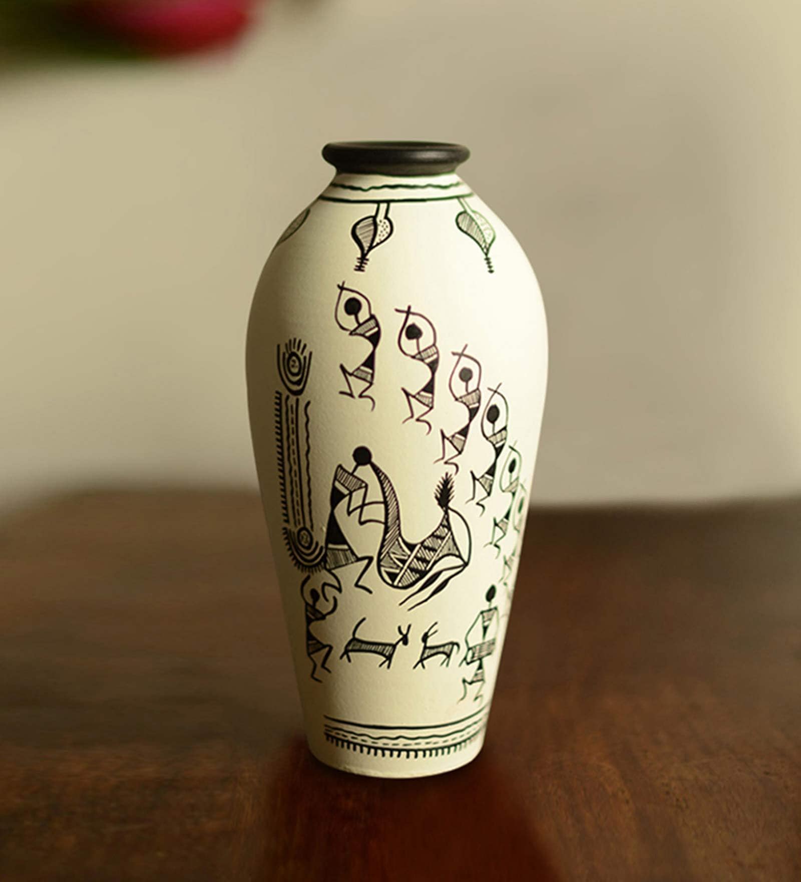 White Terracotta Handpainted Warli Tapered Shaped Vase