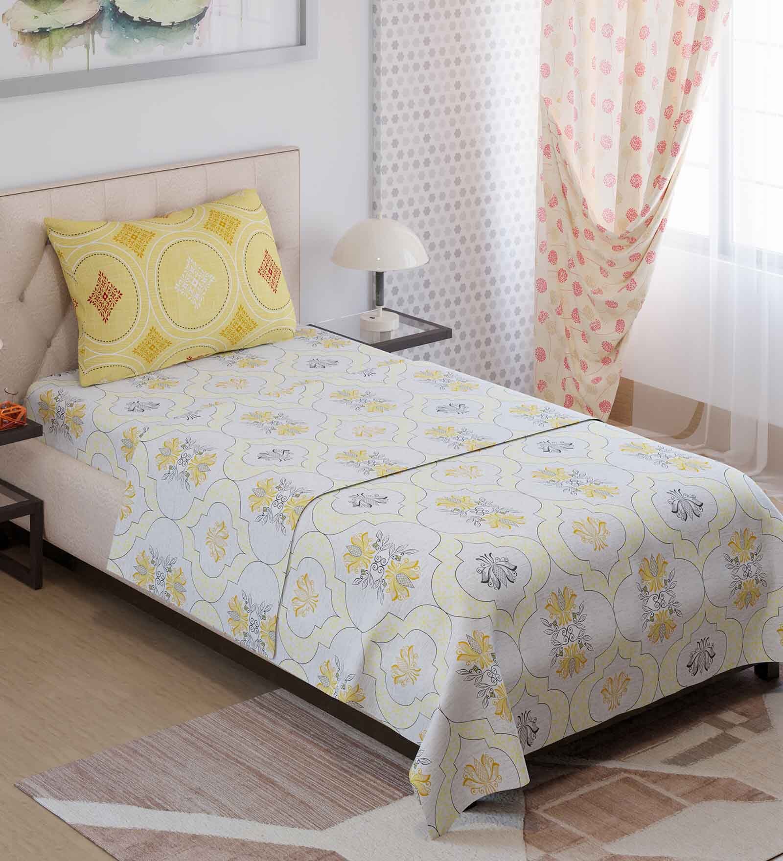 White Traditional 125 TC Microfibre Single Size Bed Sheets with 1 Pillow Cover Ivy  Collection