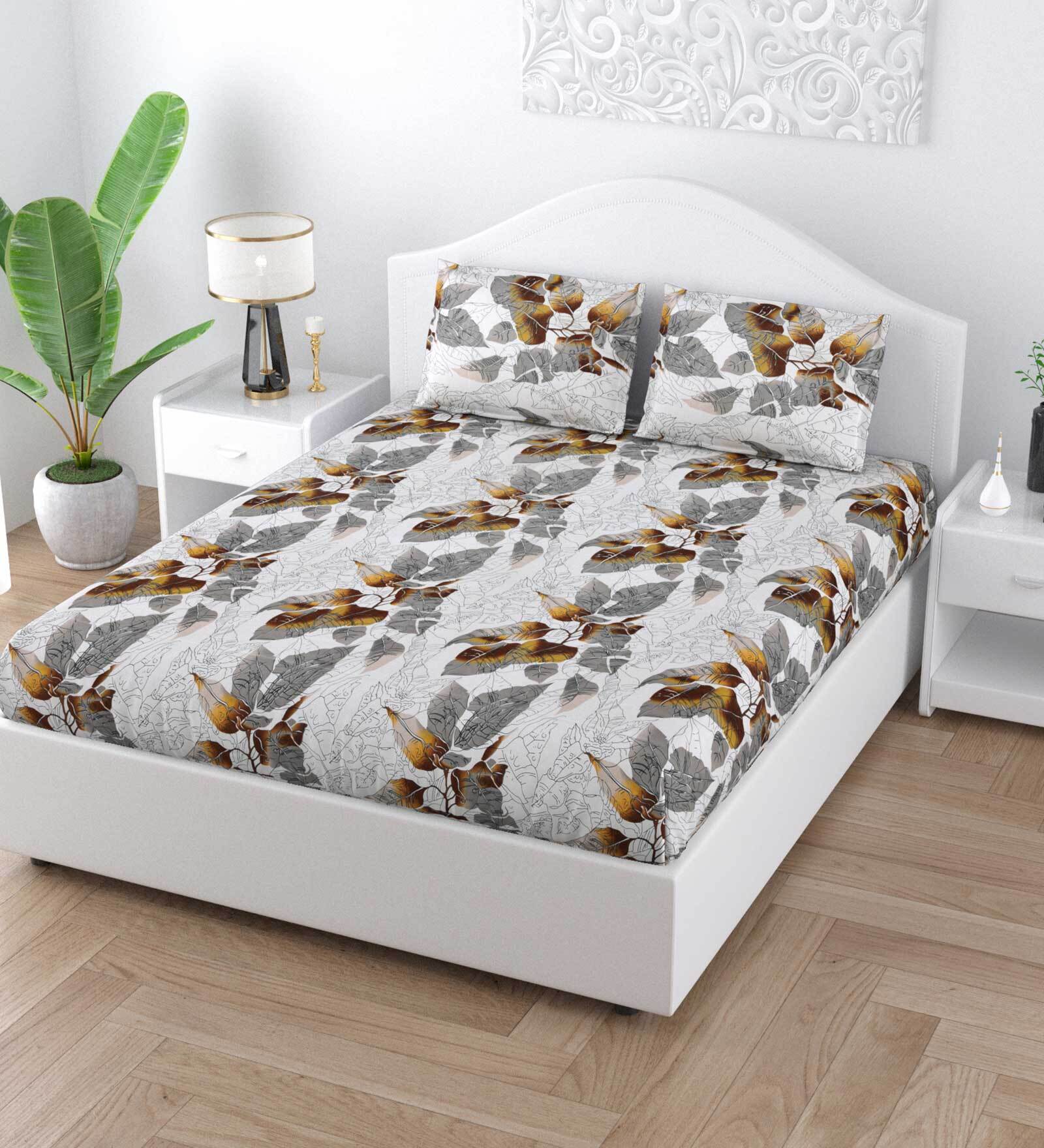 White Floral 140 Tc Cotton 1 King Size Bedsheet With 2 Pillow Covers