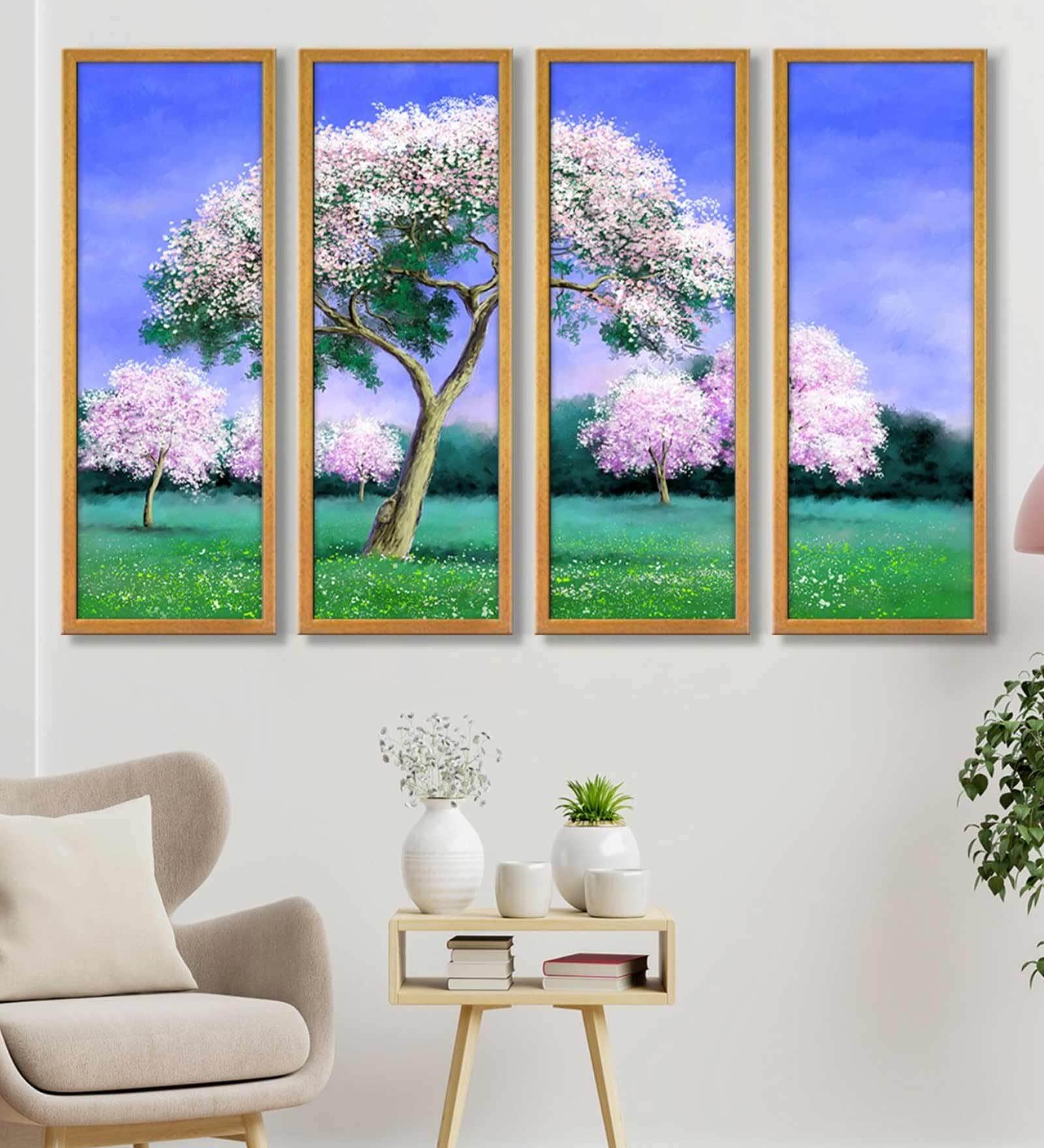White Tree Multicolour Canvas Framed Landscape Art Panel Set of 4