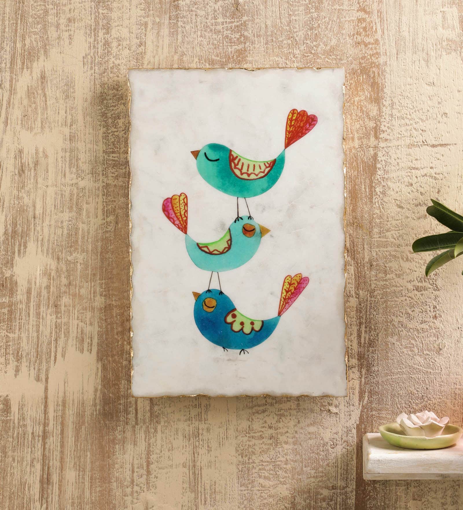 White Tweeting Birds Digital Printed Marble Wall Plate