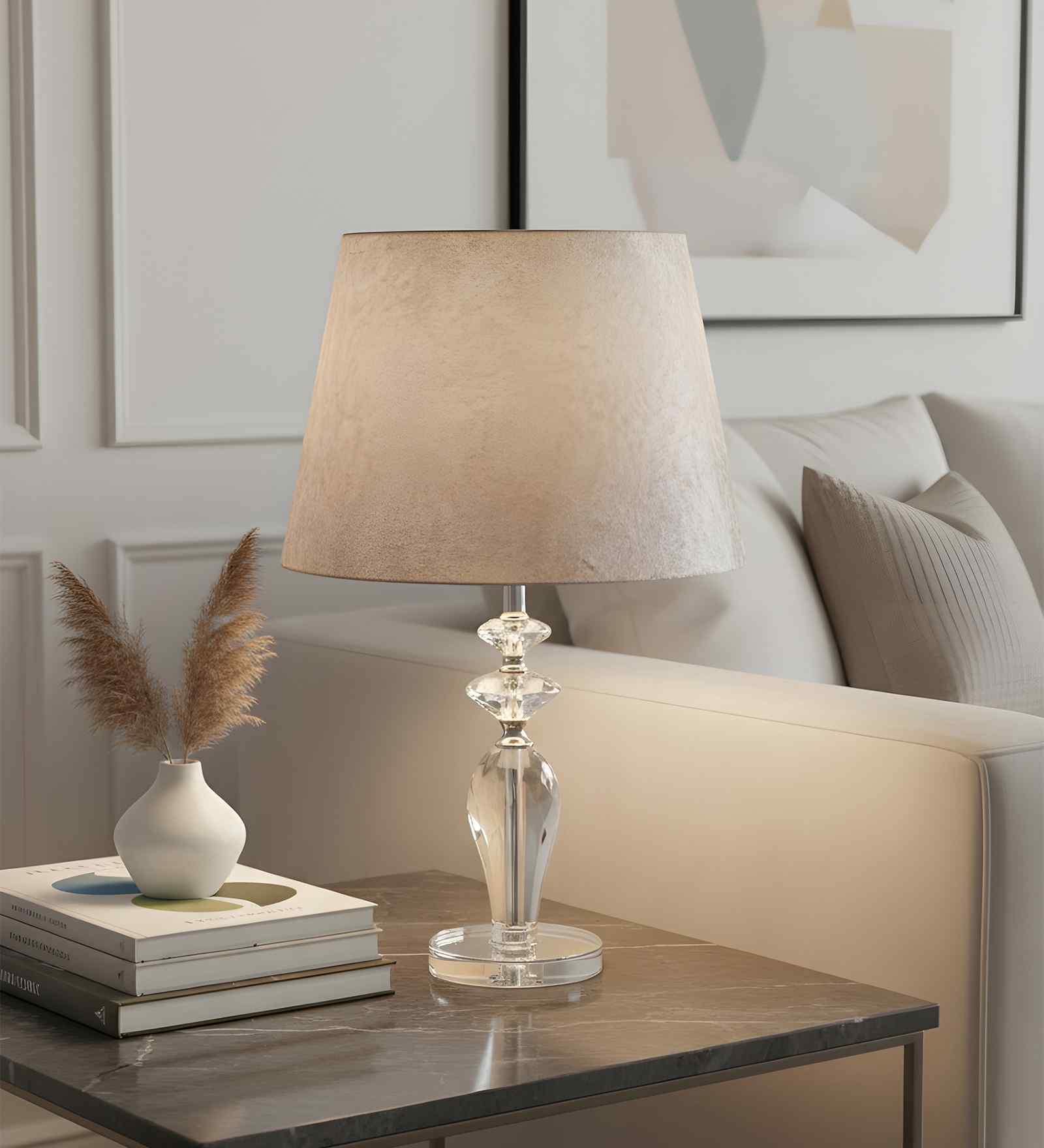 White Velvet Shade Table Lamp with Faceted Crystal Glass Base