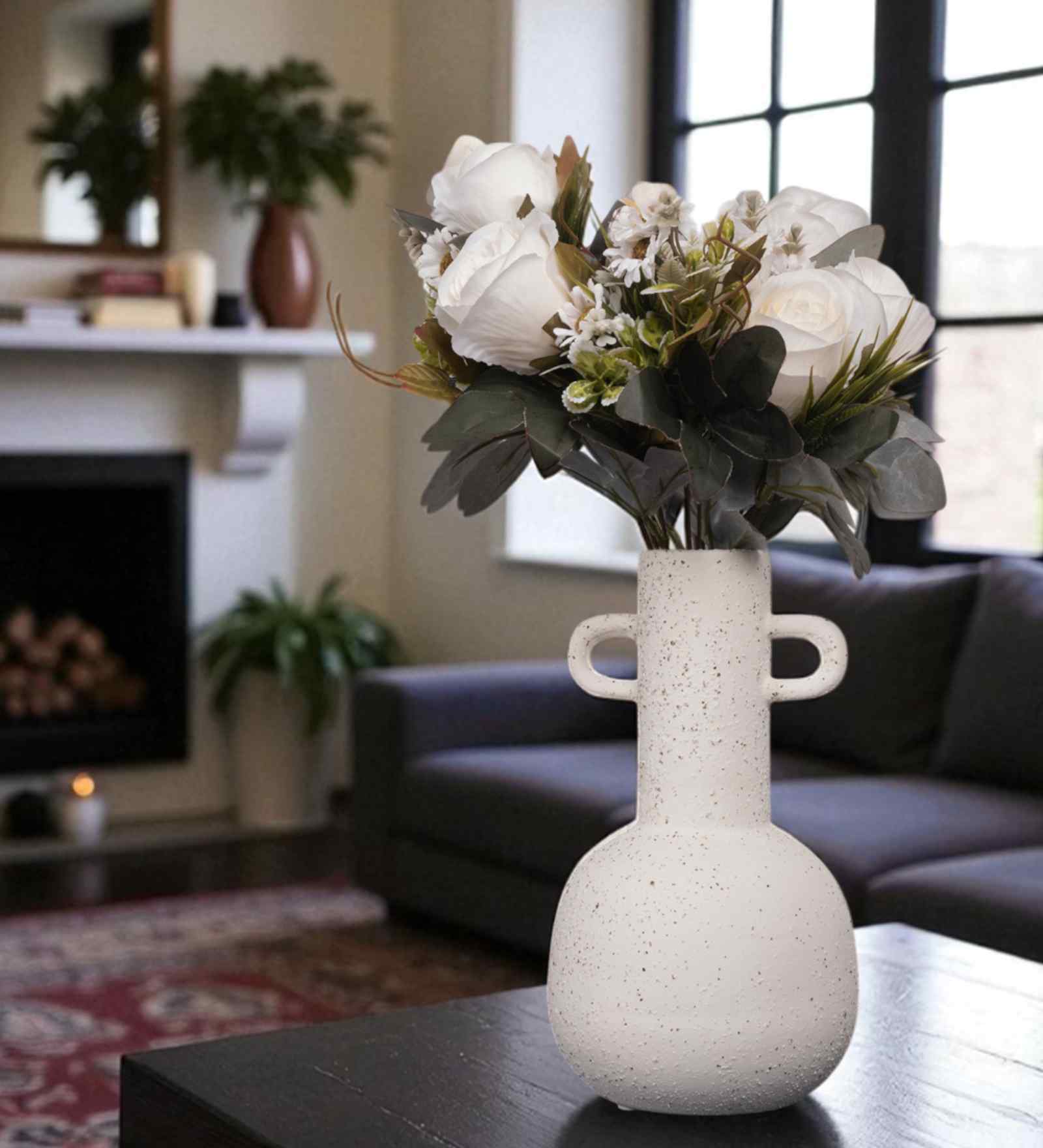 White Vertical Channel Tufting Ceramic Amphora Shaped Vase