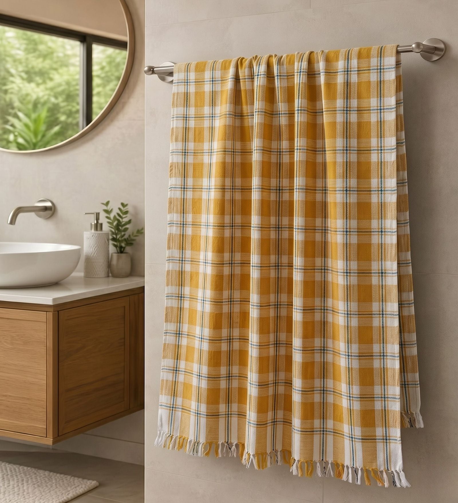 Yellow Checkered Cotton 210 GSM Bath Towel
