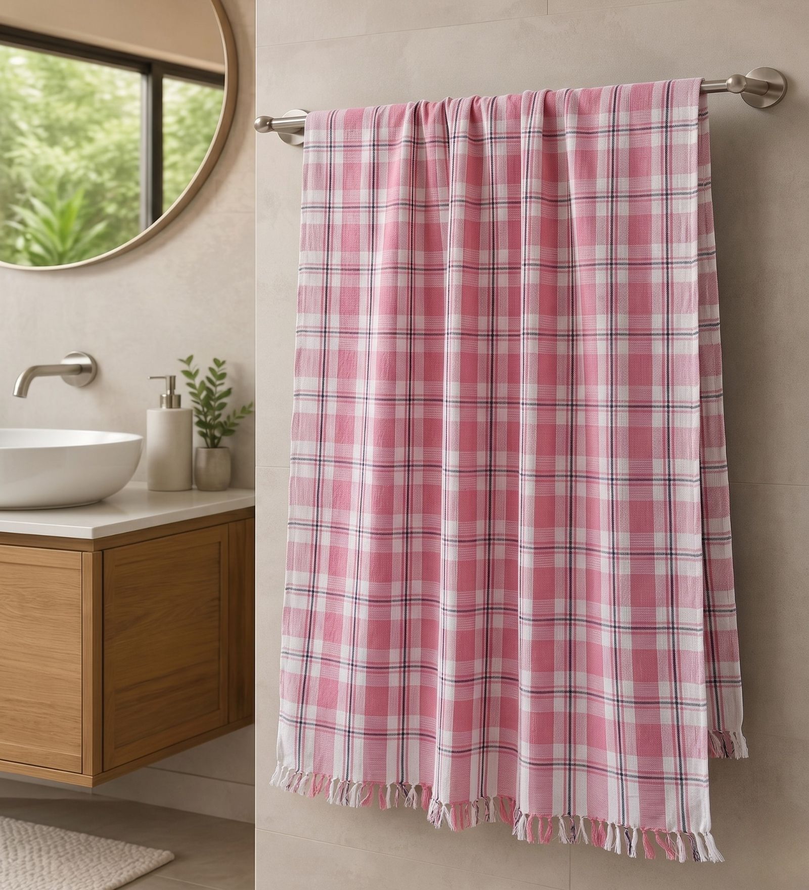 Pink Checkered Cotton 210 GSM Bath Towel