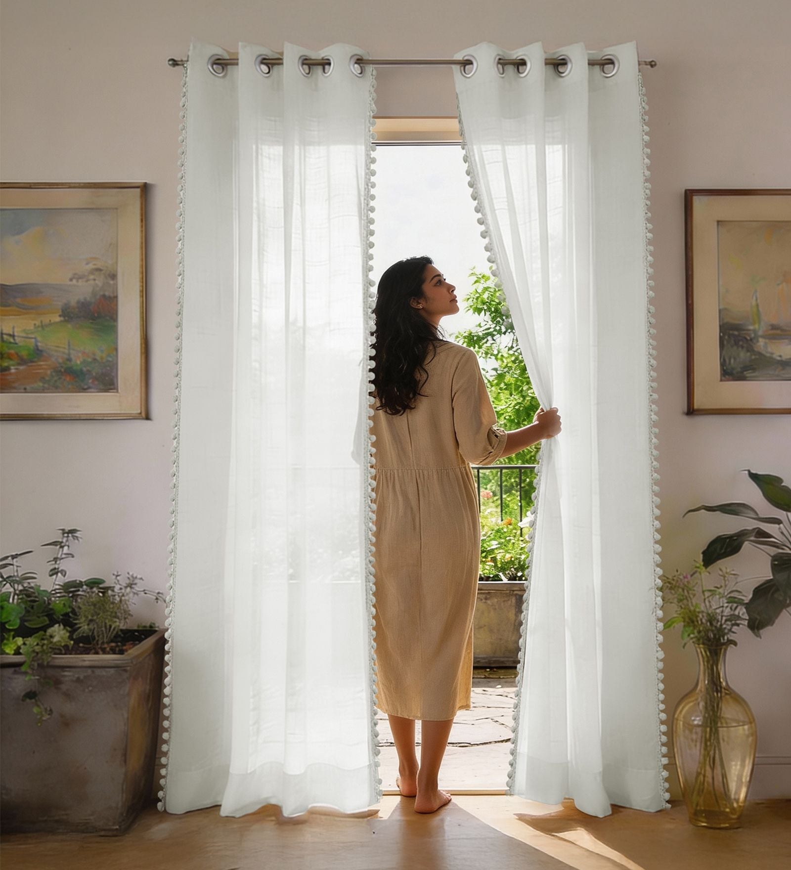 White with pom pomSolid Polyester Curtains for Long Door Pack of 2