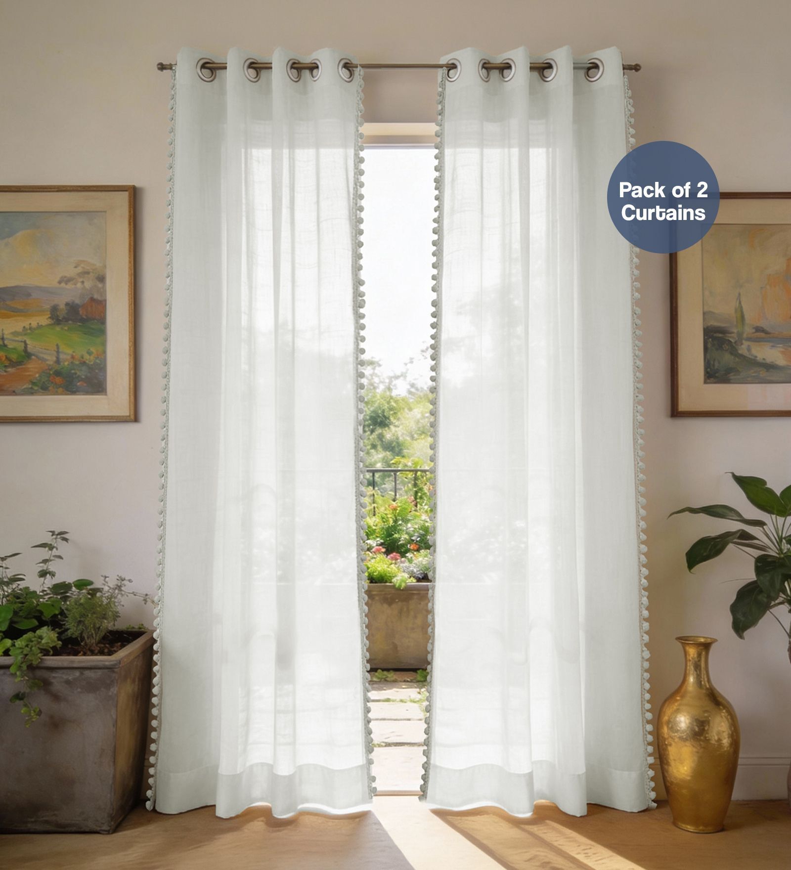 White with pom pomSolid Polyester Curtains for Window Pack of 2