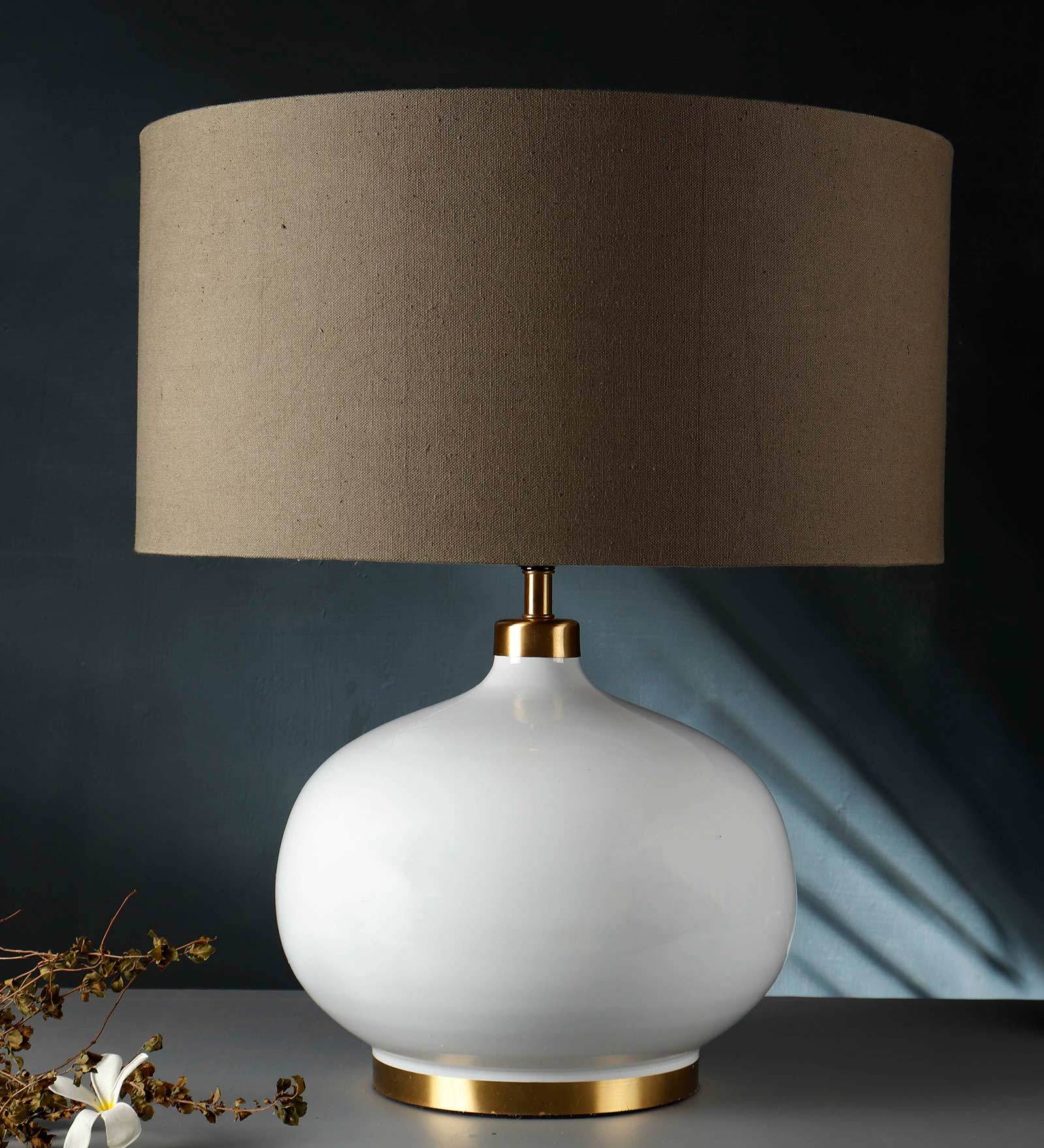 White Womb Wheat Brown Fabric Shade Table Lamp with White Base