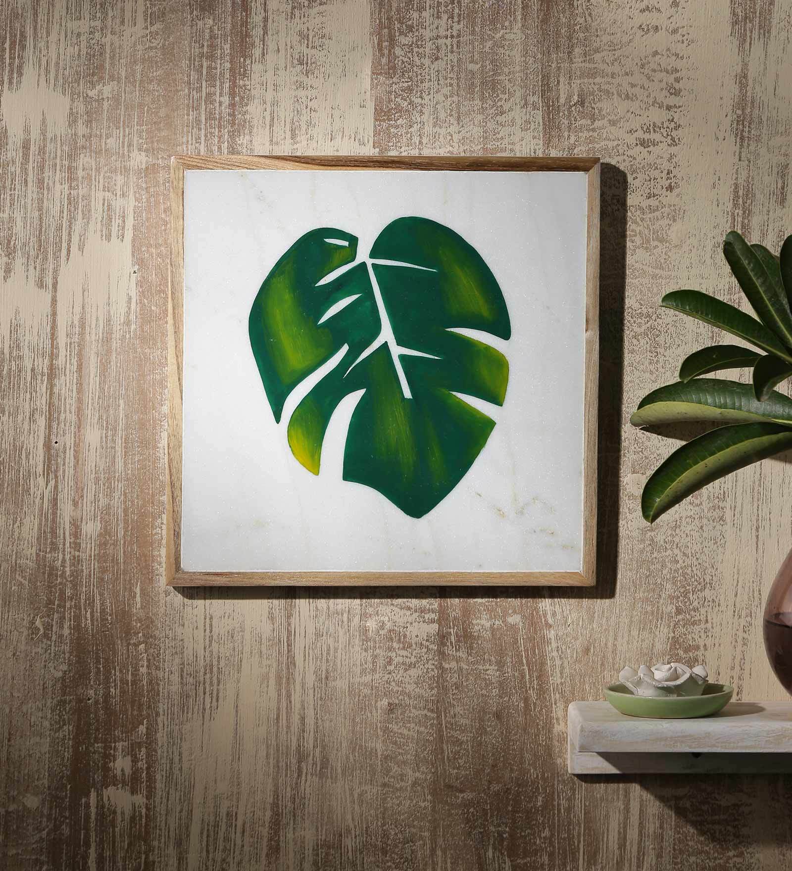 White Wood And Marble Big Leaf Hand Painted Wall Accent
